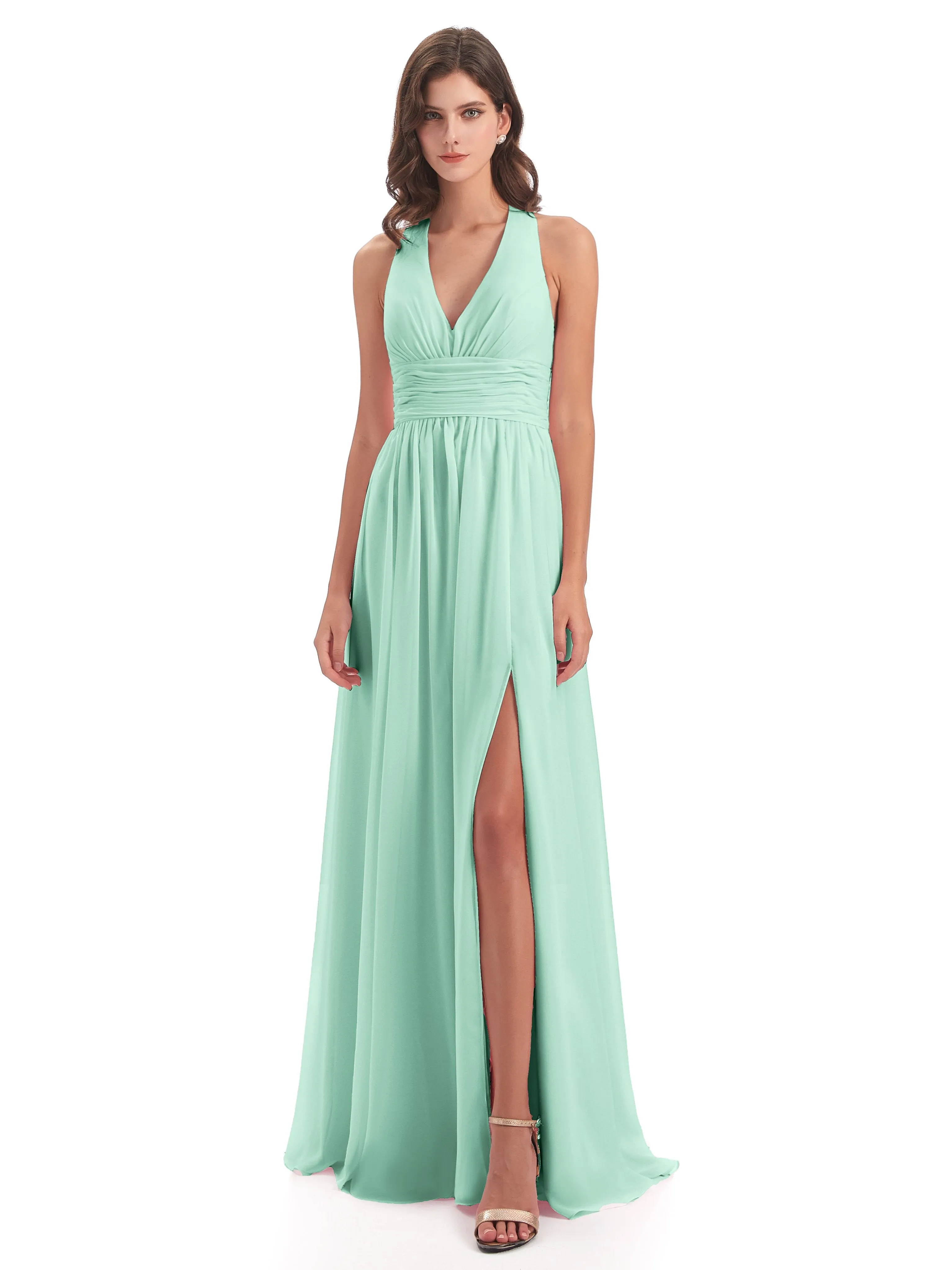 Maisie Fitted V Neck Split Long Chiffon Bridesmaid Dresses