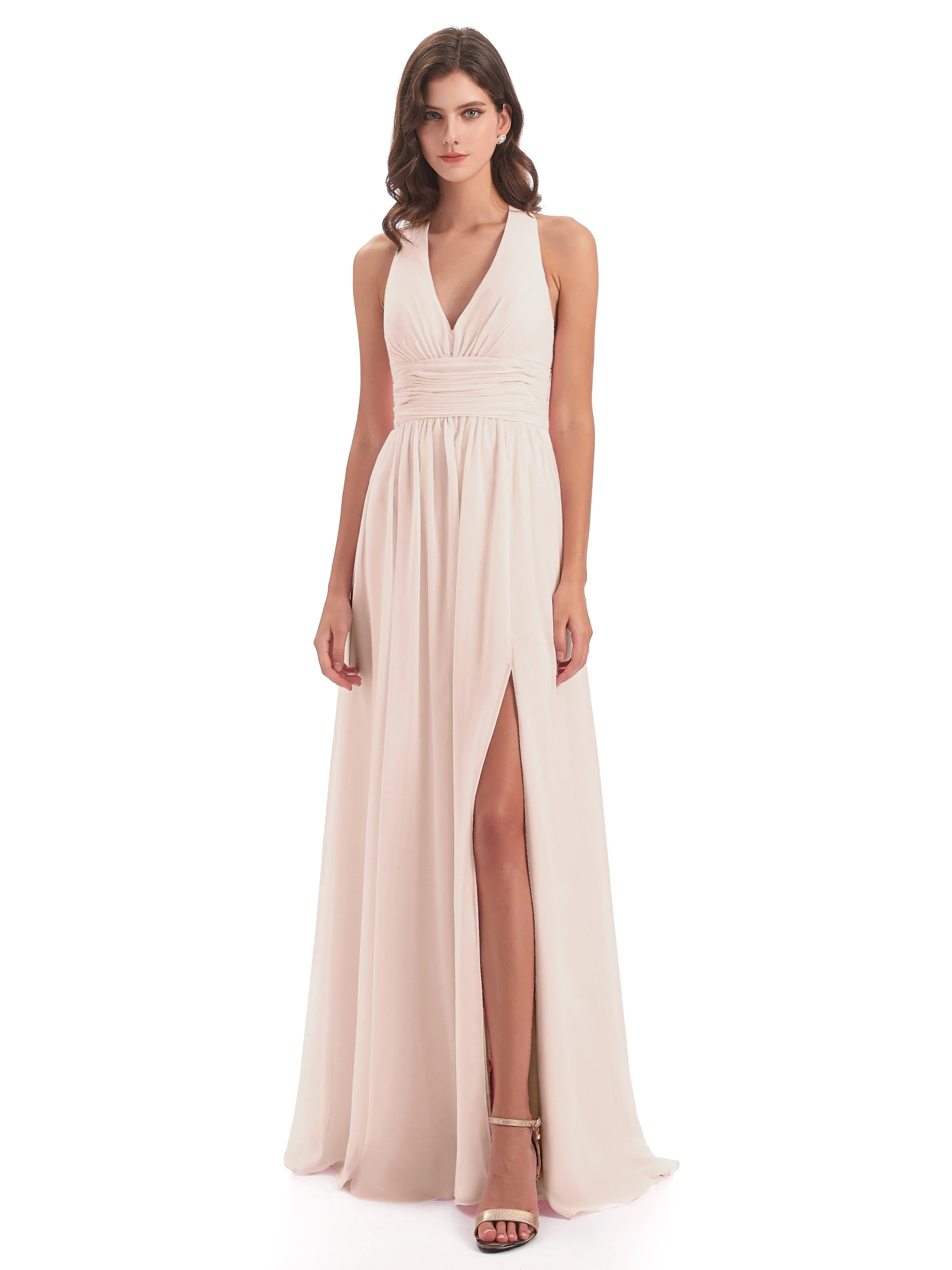 Maisie Fitted V Neck Split Long Chiffon Bridesmaid Dresses