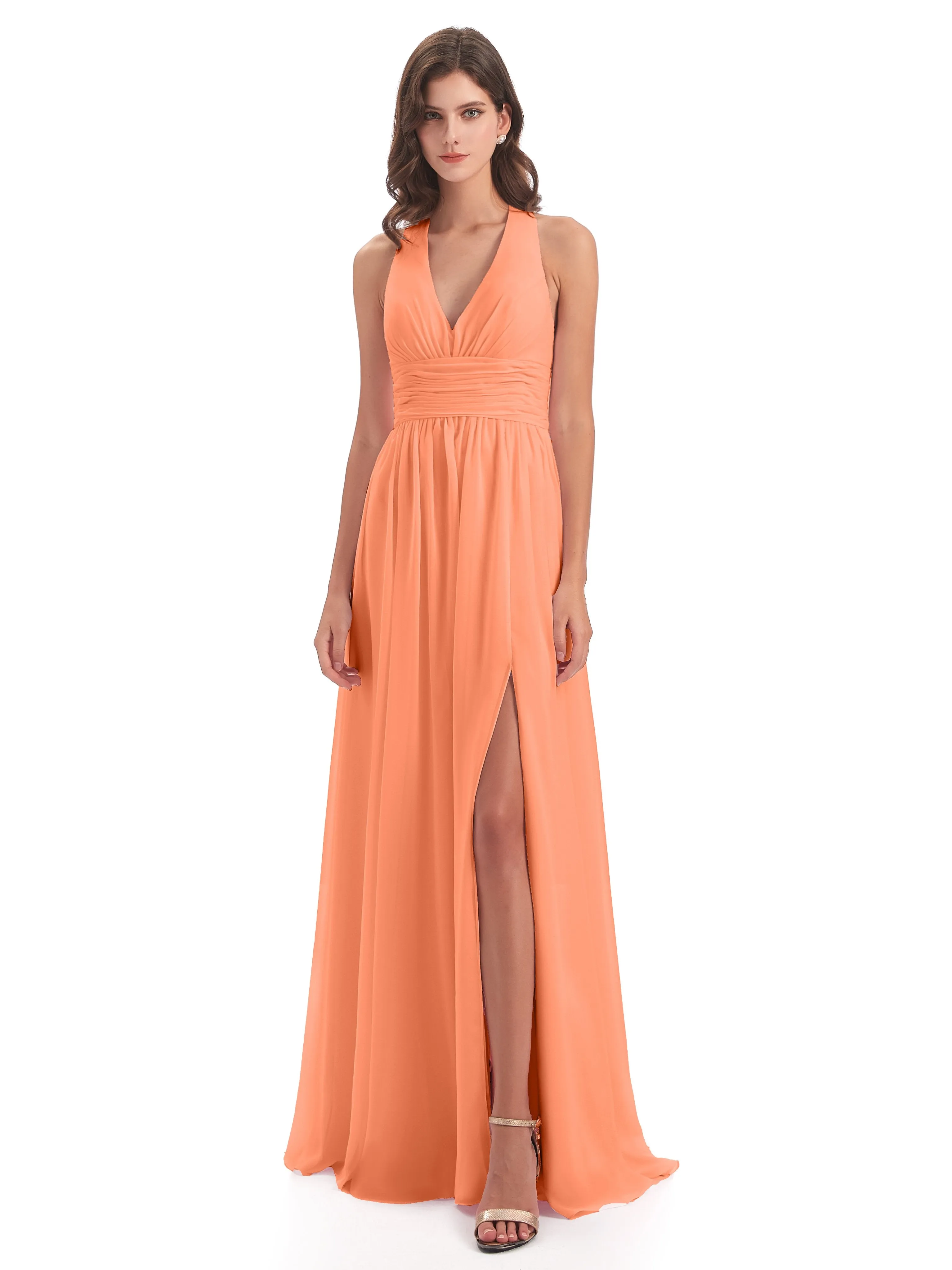 Maisie Fitted V Neck Split Long Chiffon Bridesmaid Dresses