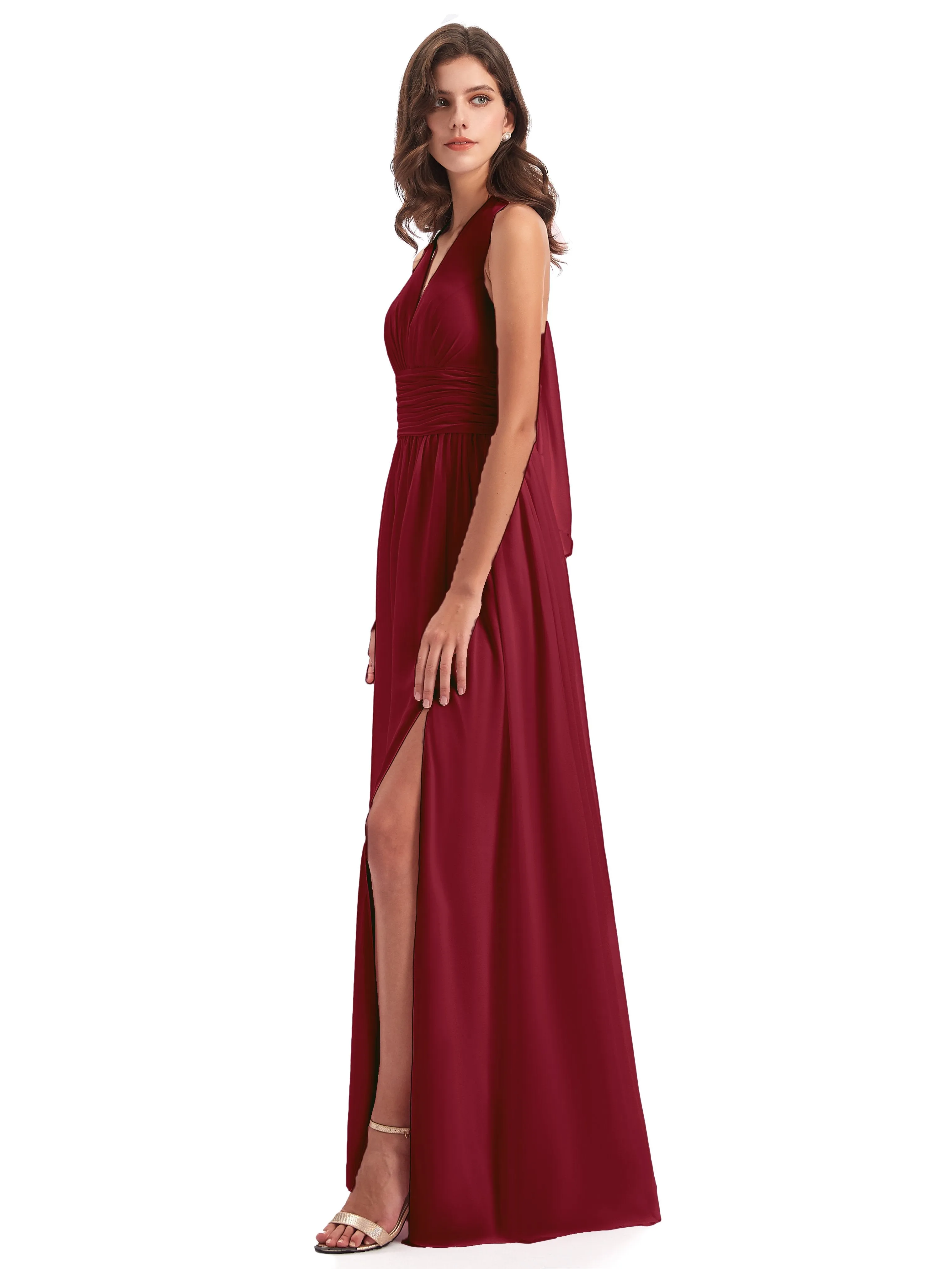 Maisie Fitted V Neck Split Long Chiffon Bridesmaid Dresses