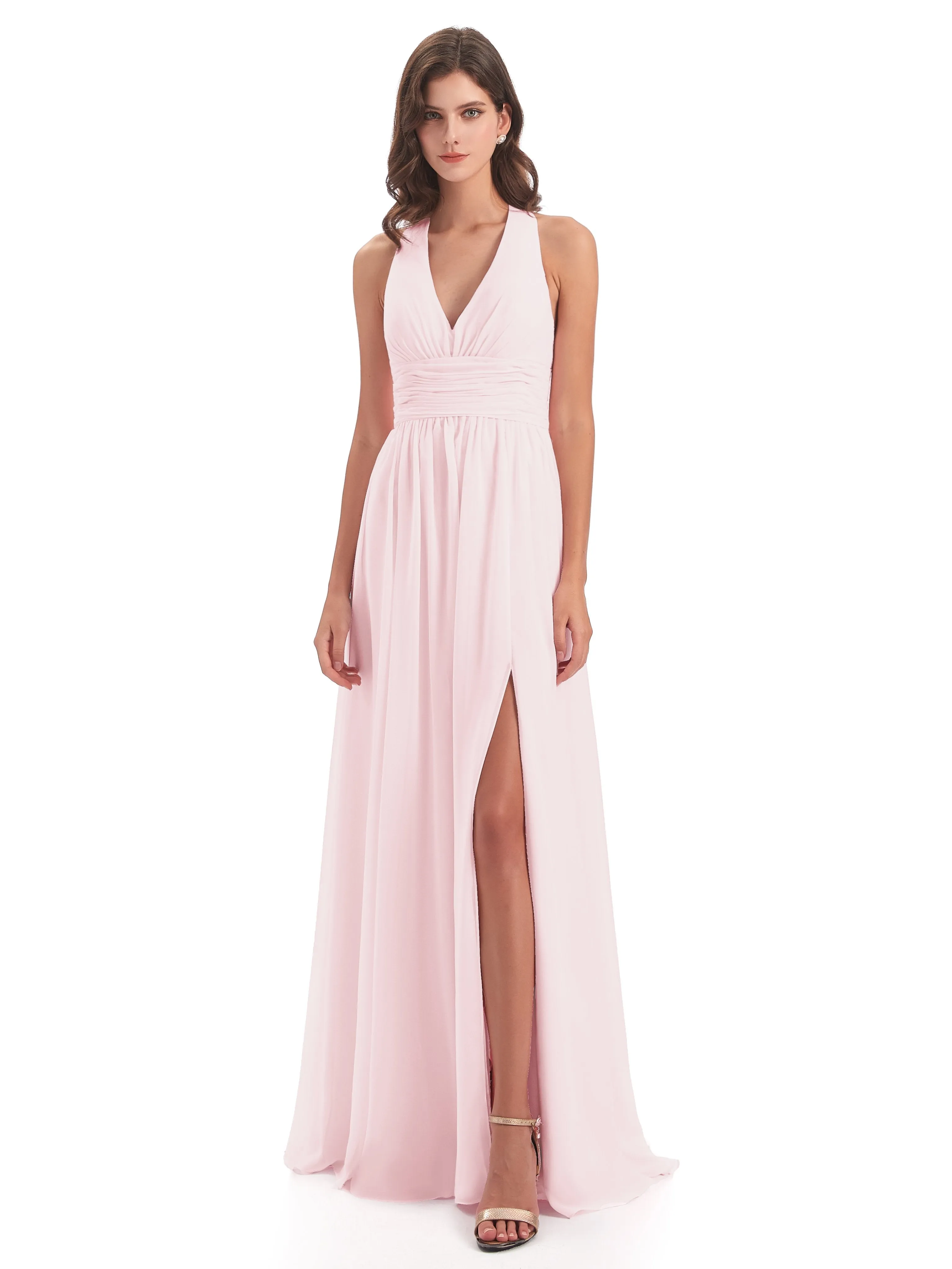 Maisie Fitted V Neck Split Long Chiffon Bridesmaid Dresses