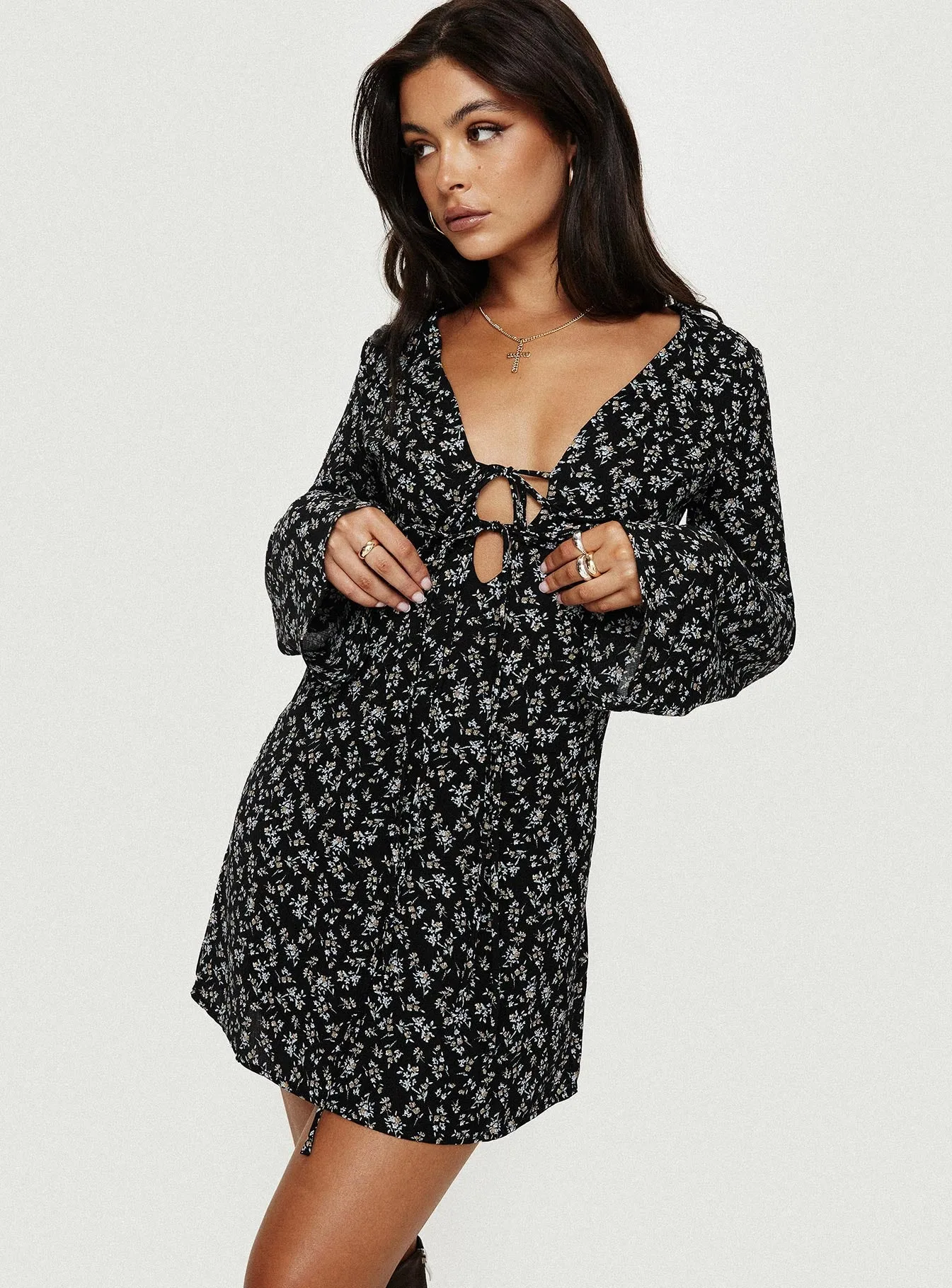 Malop Long Sleeve Mini Dress Black Floral