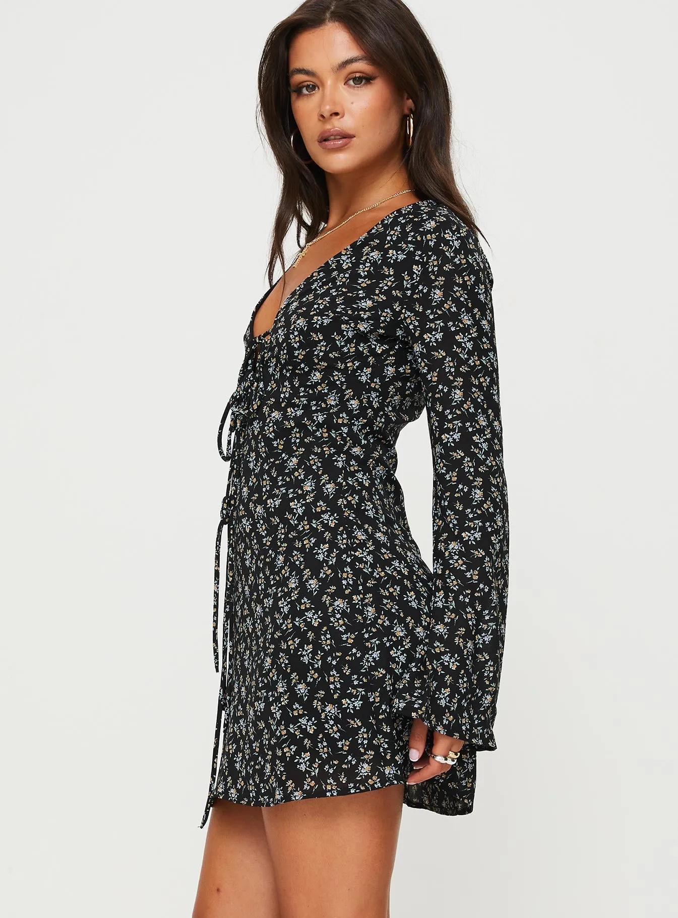 Malop Long Sleeve Mini Dress Black Floral