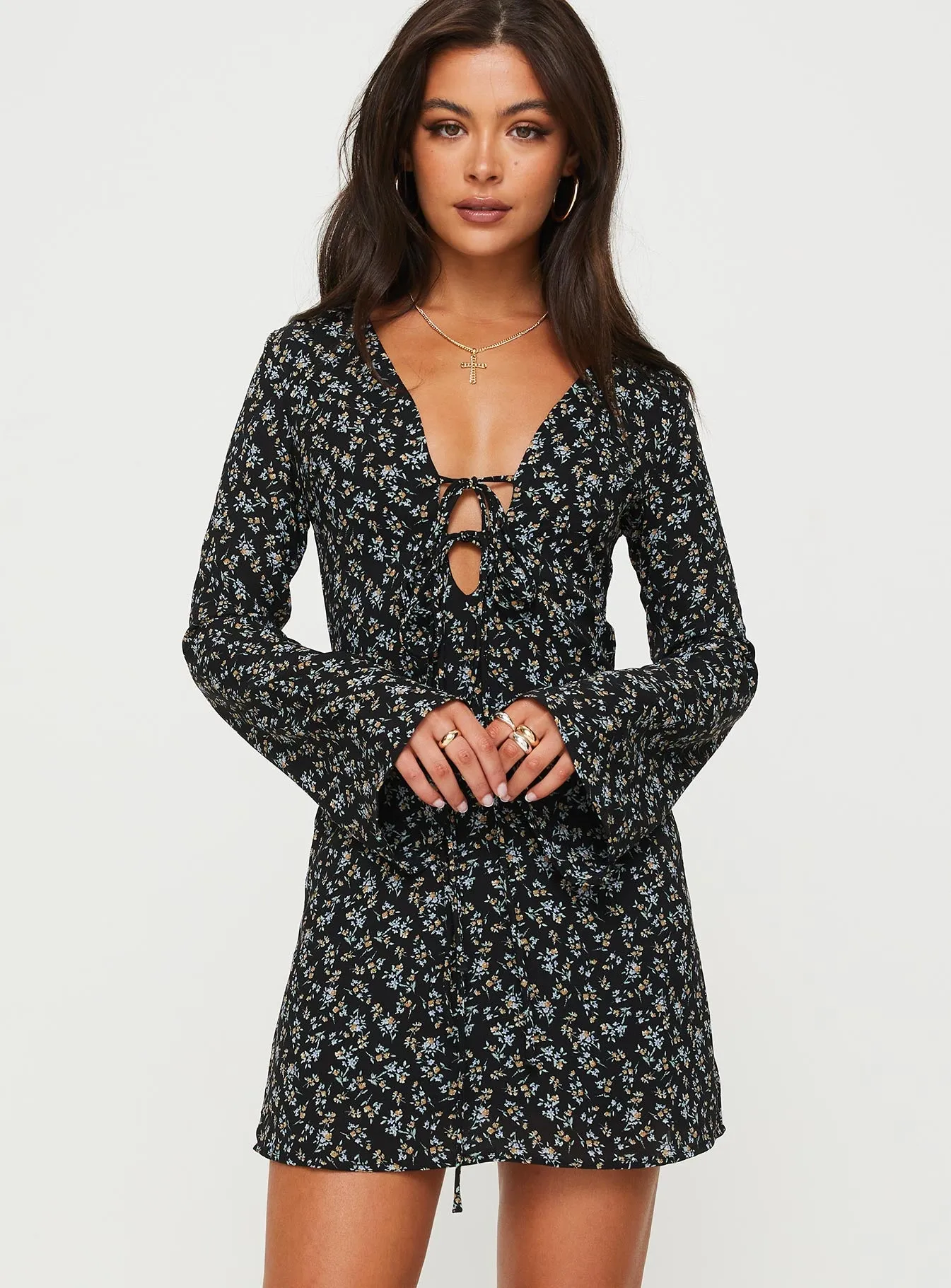 Malop Long Sleeve Mini Dress Black Floral