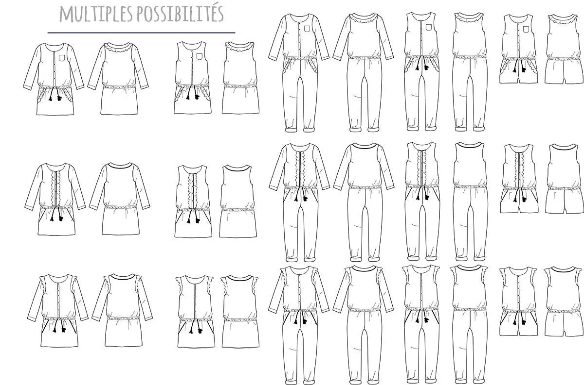 Marieke Jumpsuit, Playsuit & Dress Sewing Pattern - Girl 3/12Y - Ikatee