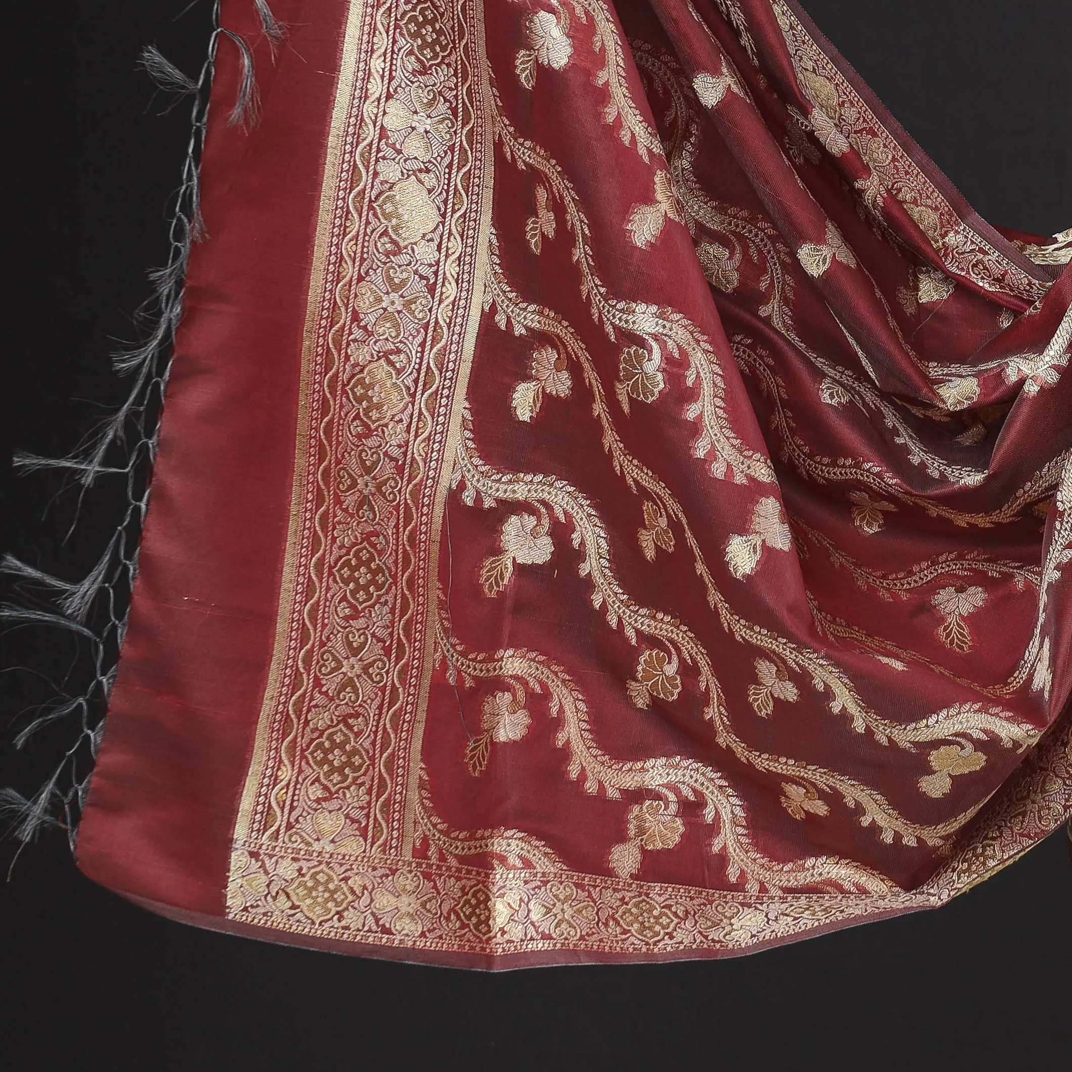 Maroon - 3pc Banarasi Cutwork Zari Buta Silk Cotton Suit Material Set