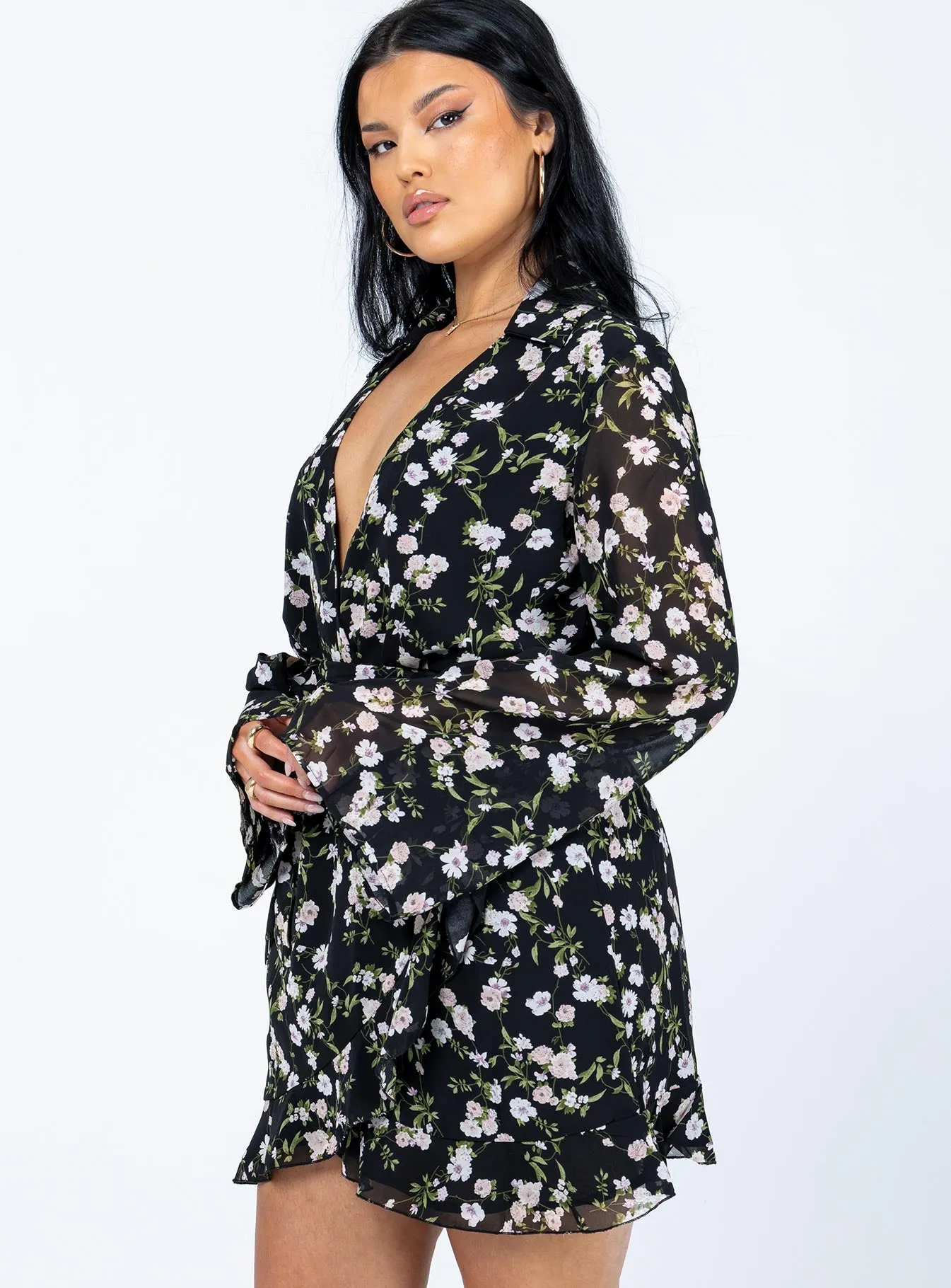 Marty Long Sleeve Mini Dress Black Floral