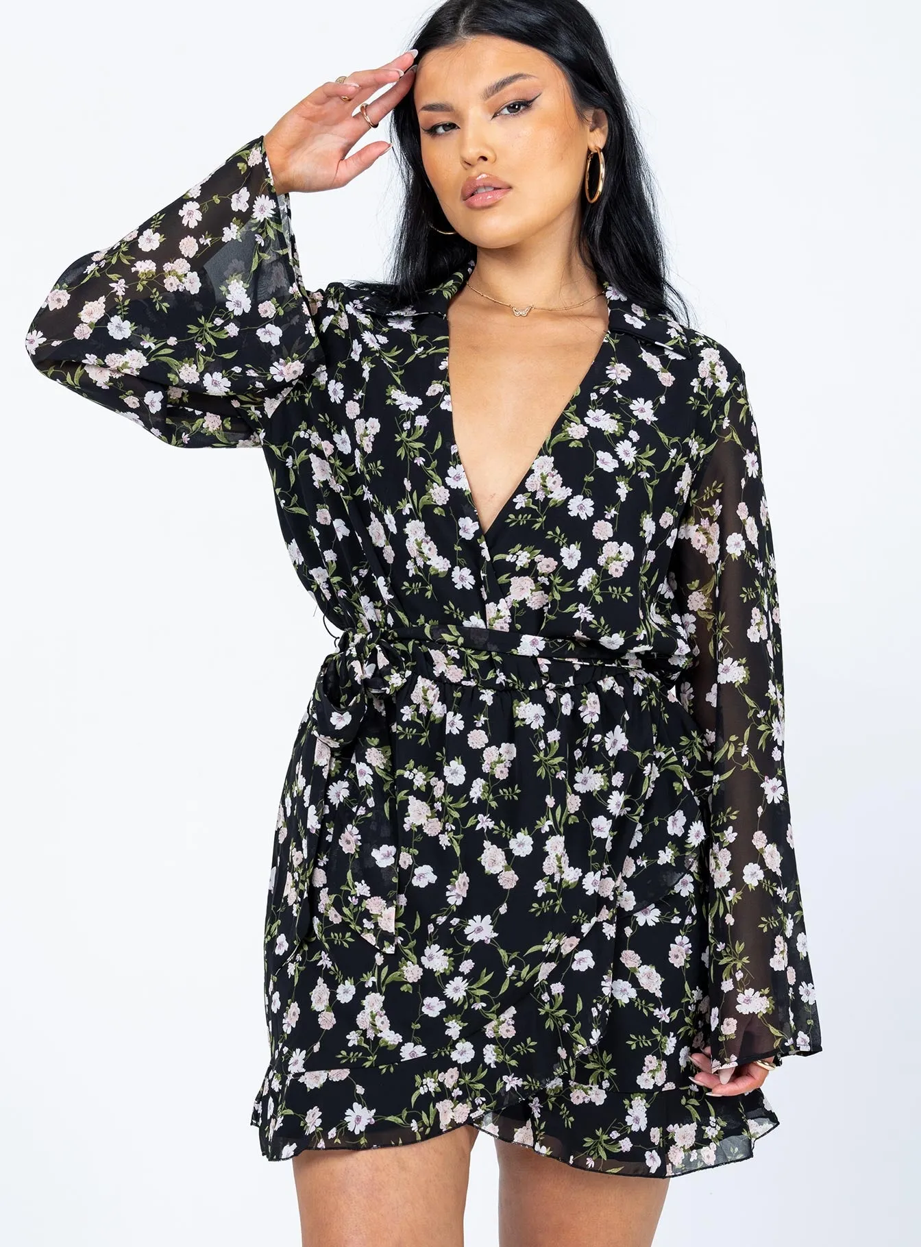 Marty Long Sleeve Mini Dress Black Floral