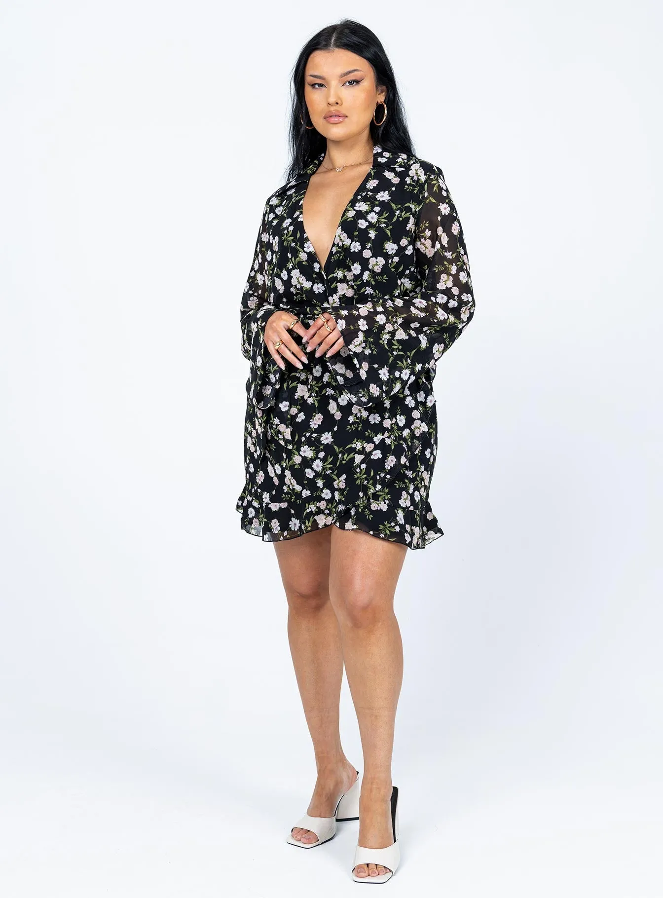 Marty Long Sleeve Mini Dress Black Floral