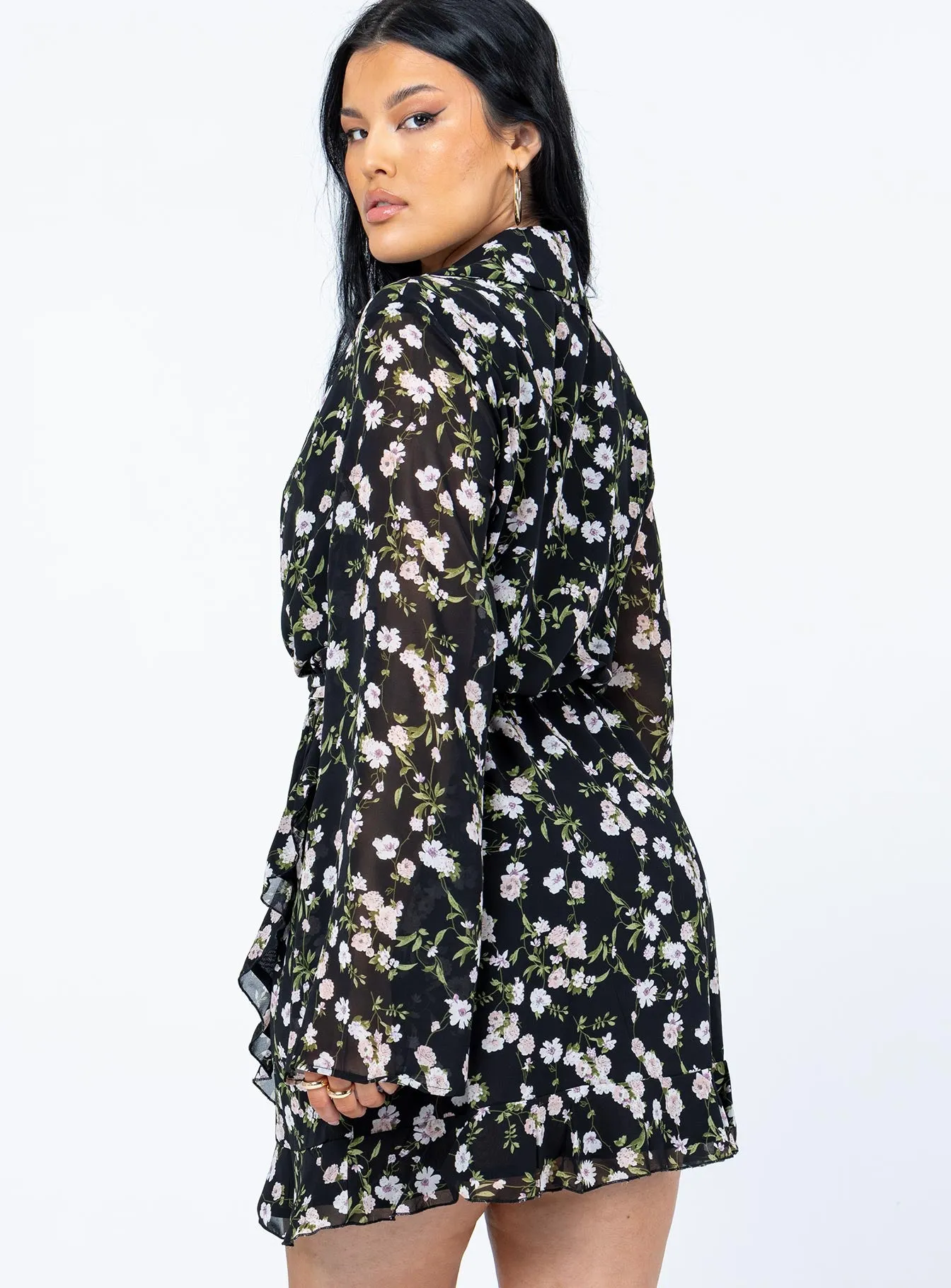 Marty Long Sleeve Mini Dress Black Floral