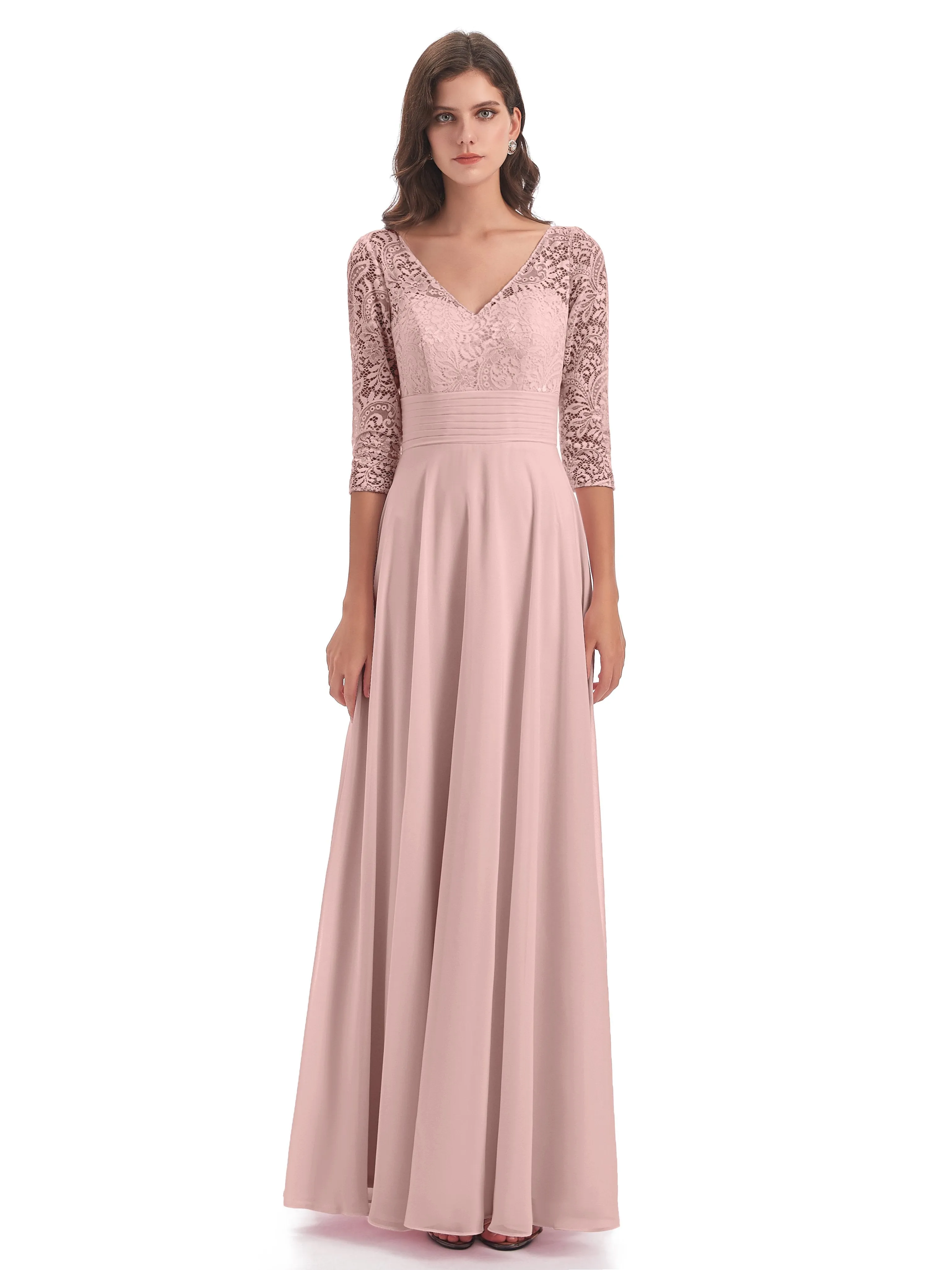 Maya Charming 3/4 Length Sleeves Long Chiffon Bridesmaid Dresses With Lace