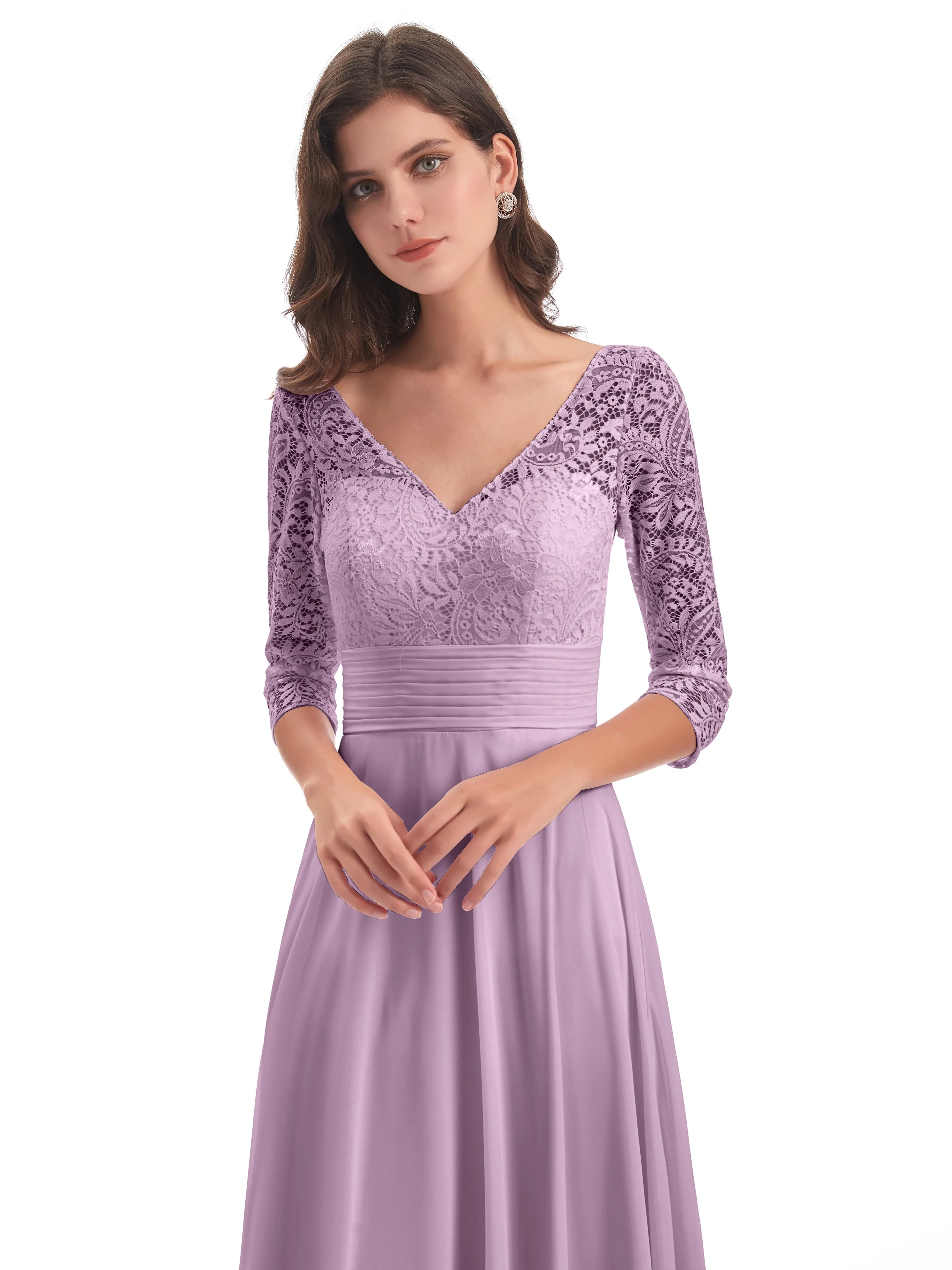 Maya Charming 3/4 Length Sleeves Long Chiffon Bridesmaid Dresses With Lace