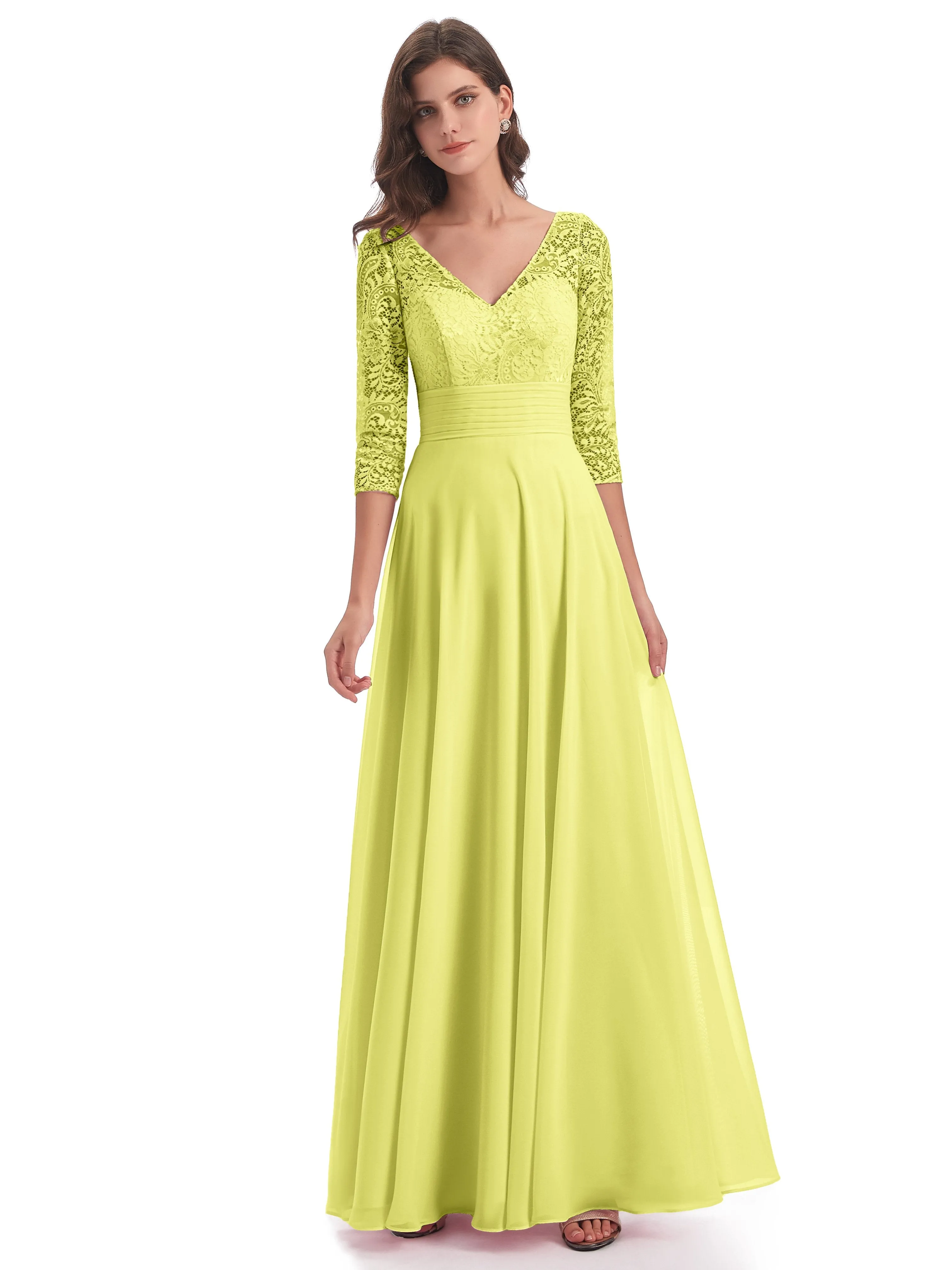 Maya Charming 3/4 Length Sleeves Long Chiffon Bridesmaid Dresses With Lace