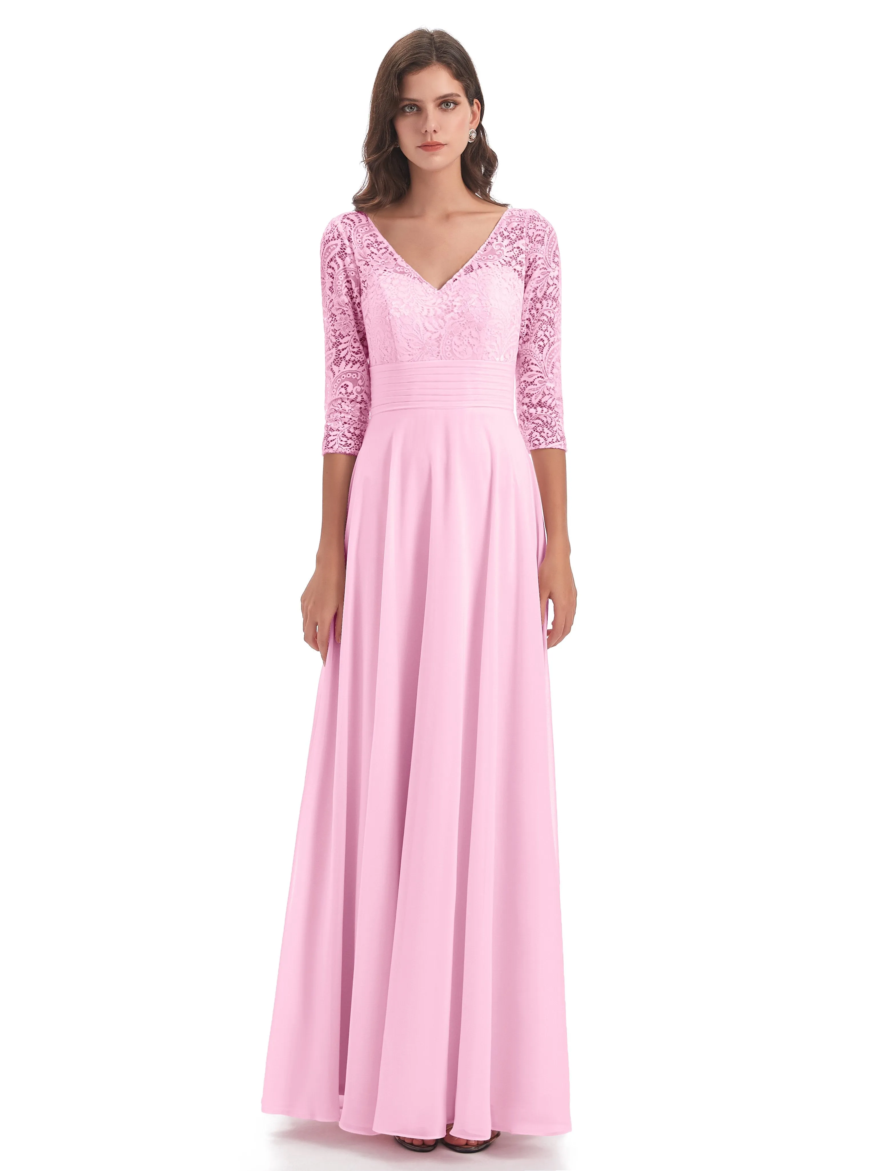 Maya Charming 3/4 Length Sleeves Long Chiffon Bridesmaid Dresses With Lace