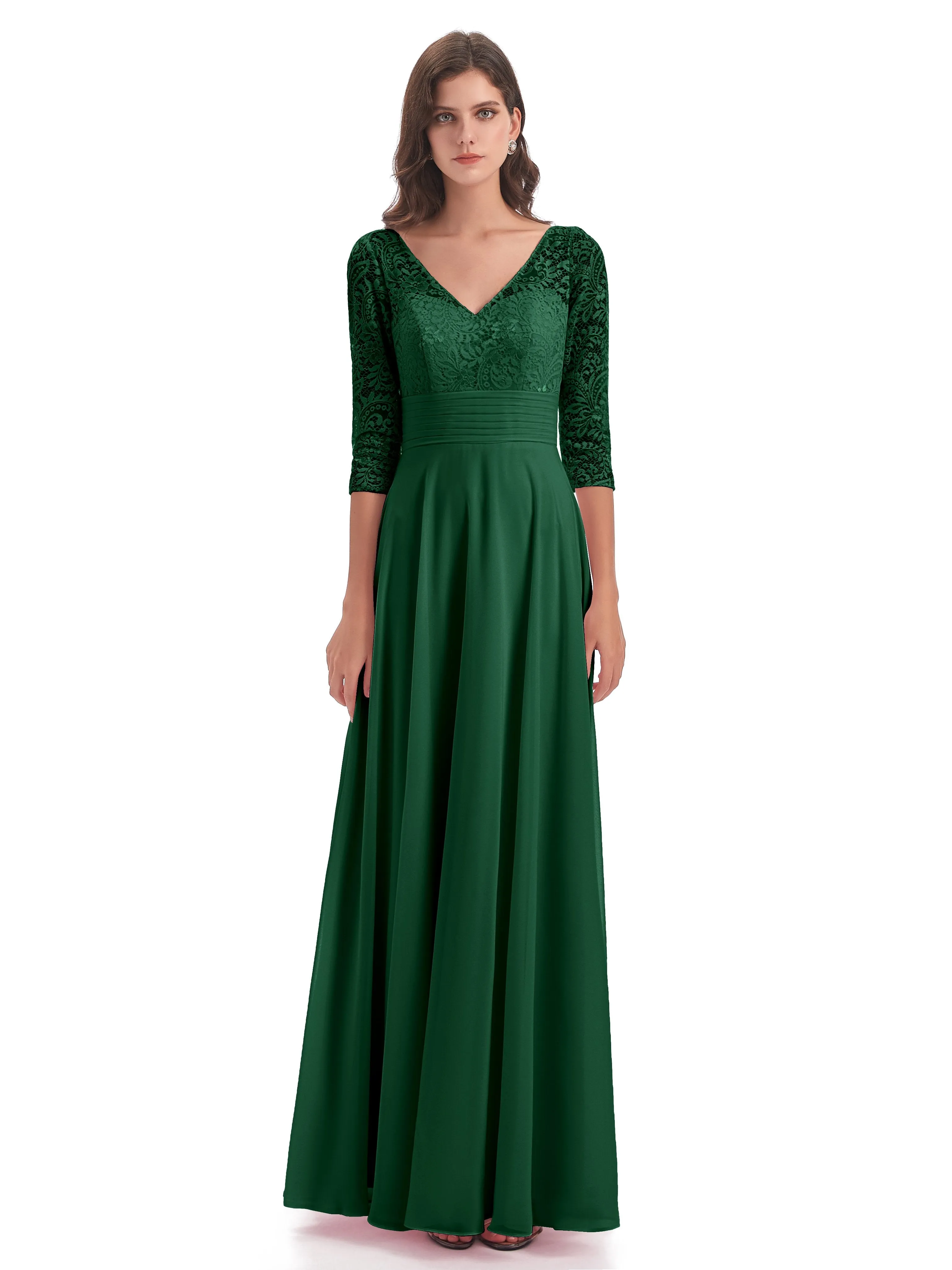 Maya Charming 3/4 Length Sleeves Long Chiffon Bridesmaid Dresses With Lace