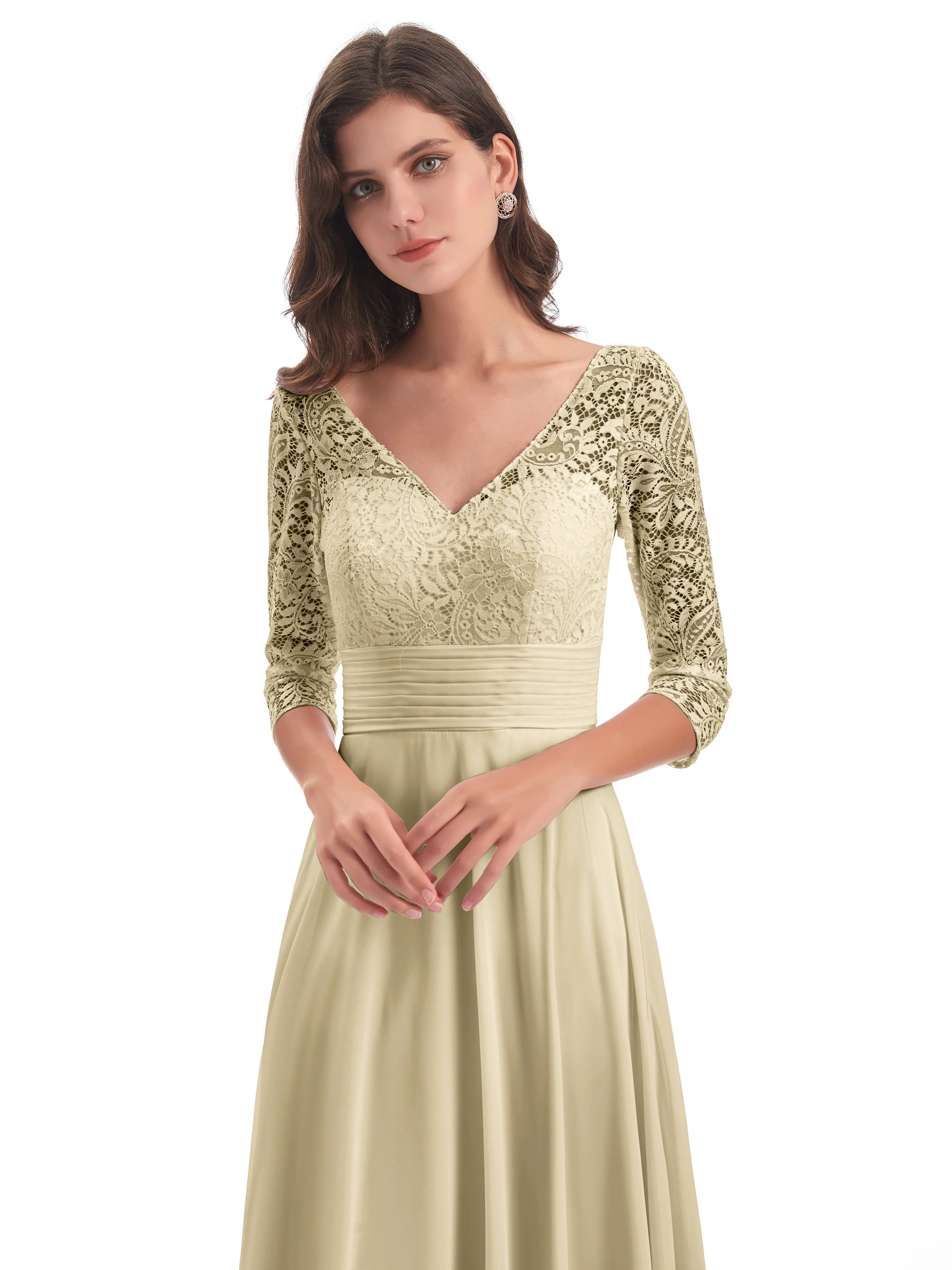 Maya Charming 3/4 Length Sleeves Long Chiffon Bridesmaid Dresses With Lace