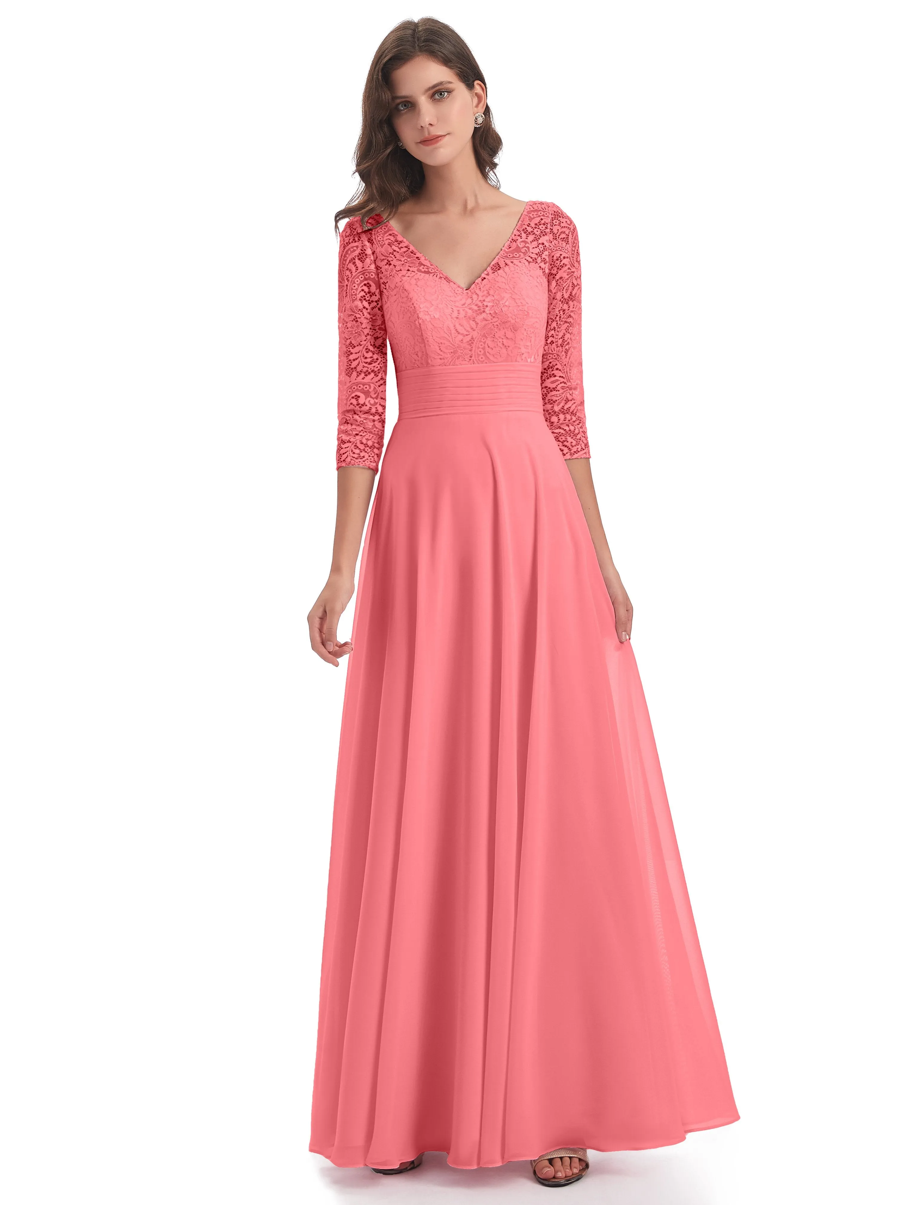 Maya Charming 3/4 Length Sleeves Long Chiffon Bridesmaid Dresses With Lace