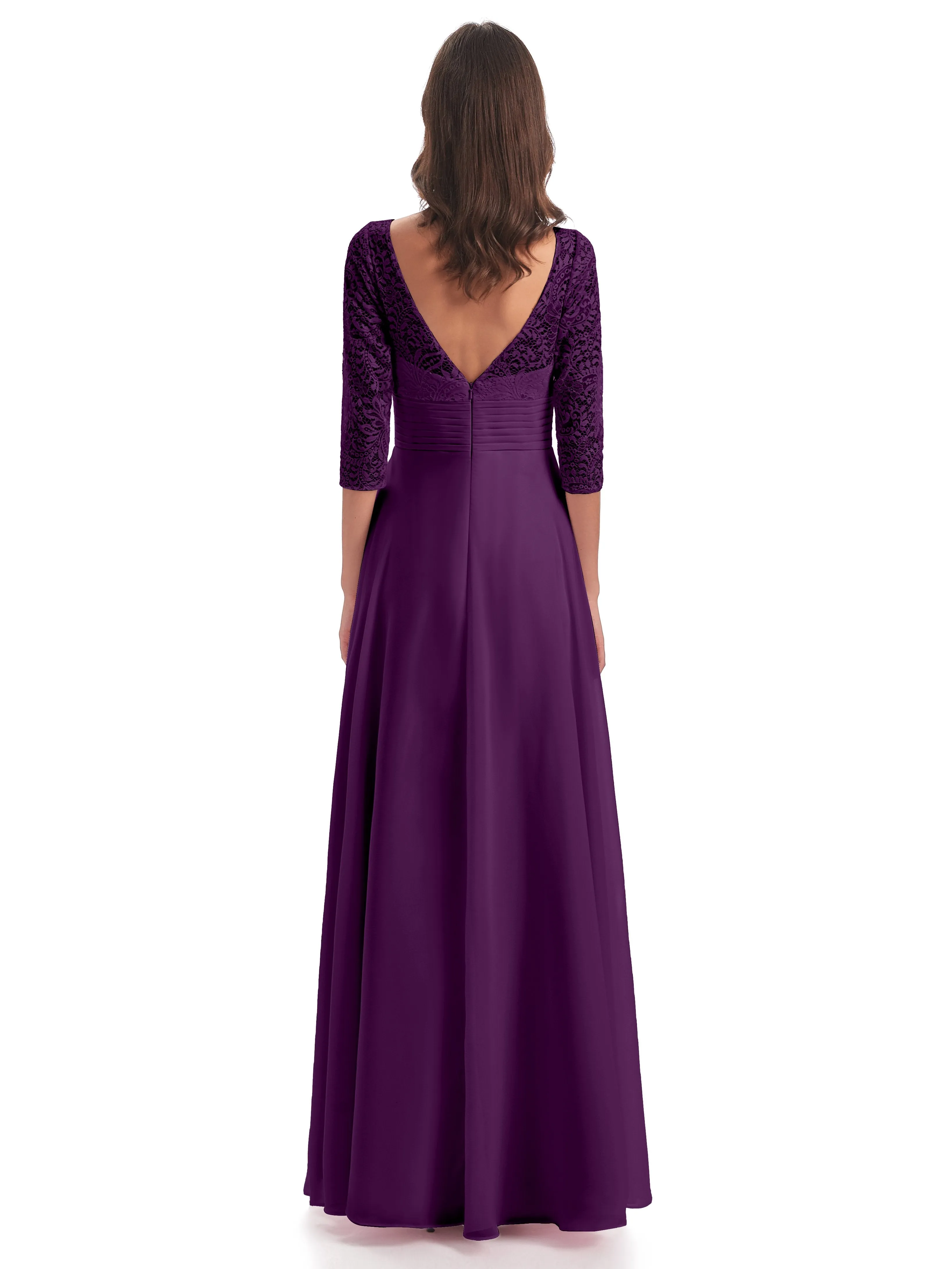 Maya Charming 3/4 Length Sleeves Long Chiffon Bridesmaid Dresses With Lace