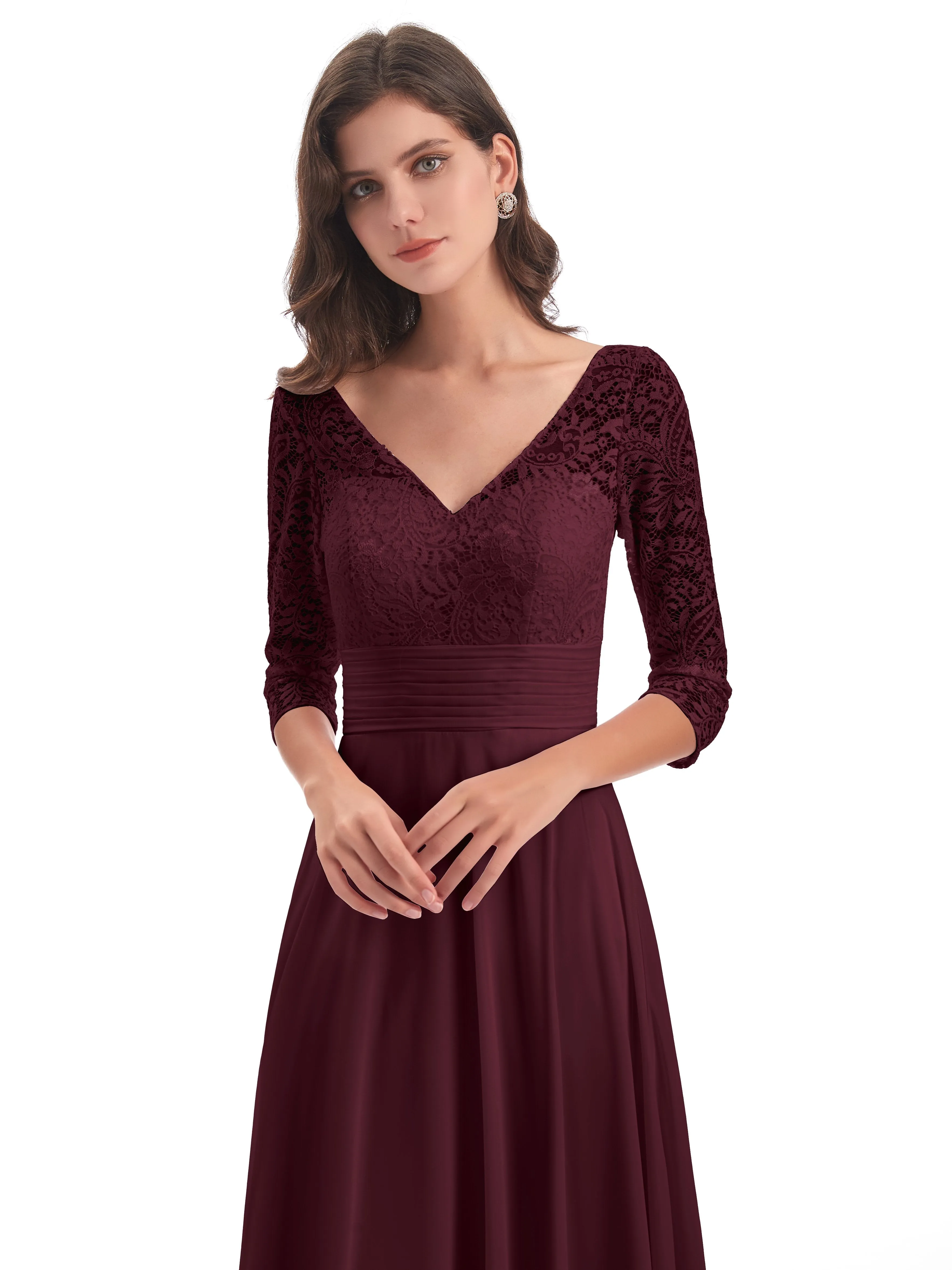 Maya Charming 3/4 Length Sleeves Long Chiffon Bridesmaid Dresses With Lace