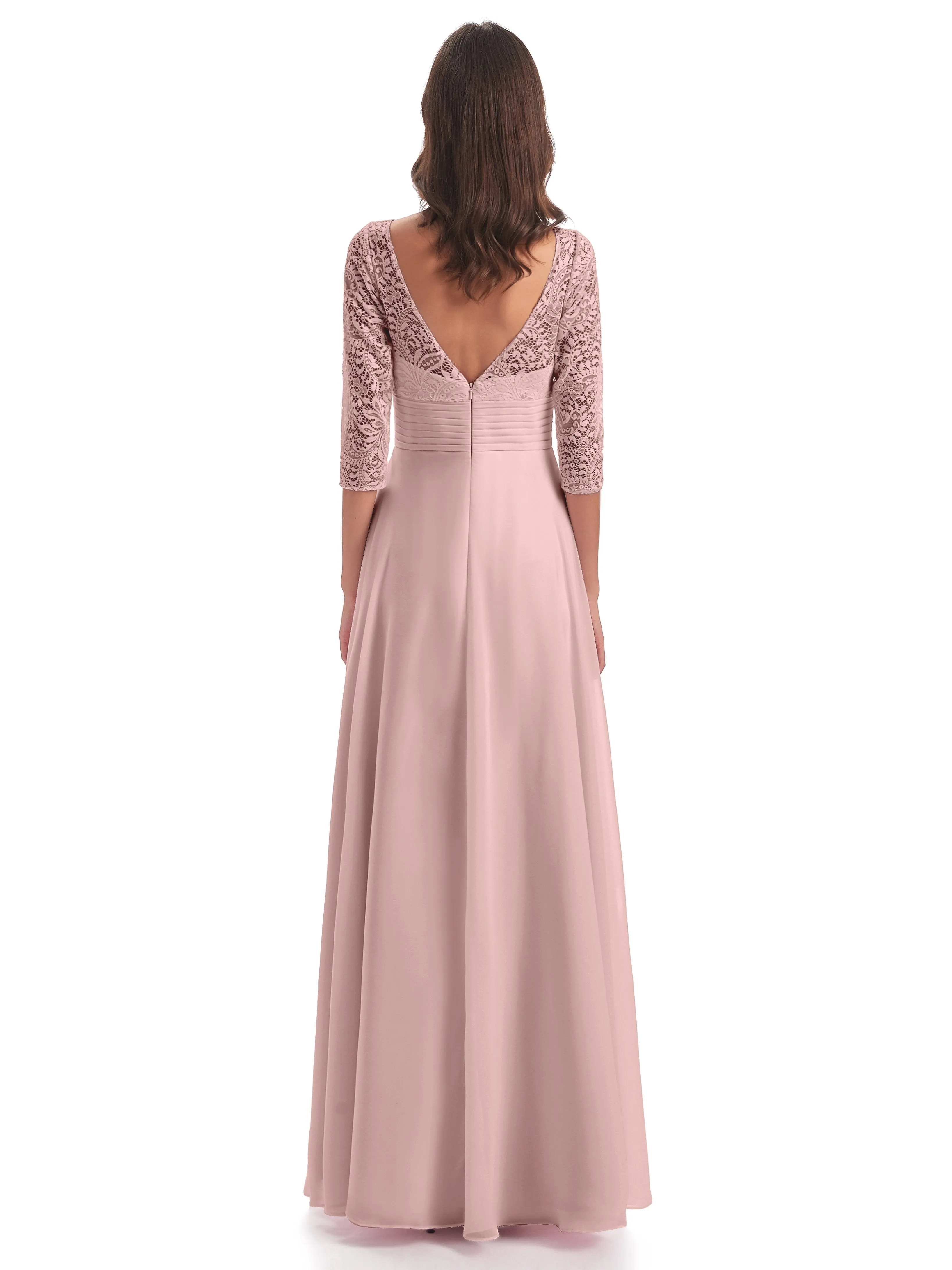 Maya Charming 3/4 Length Sleeves Long Chiffon Bridesmaid Dresses With Lace