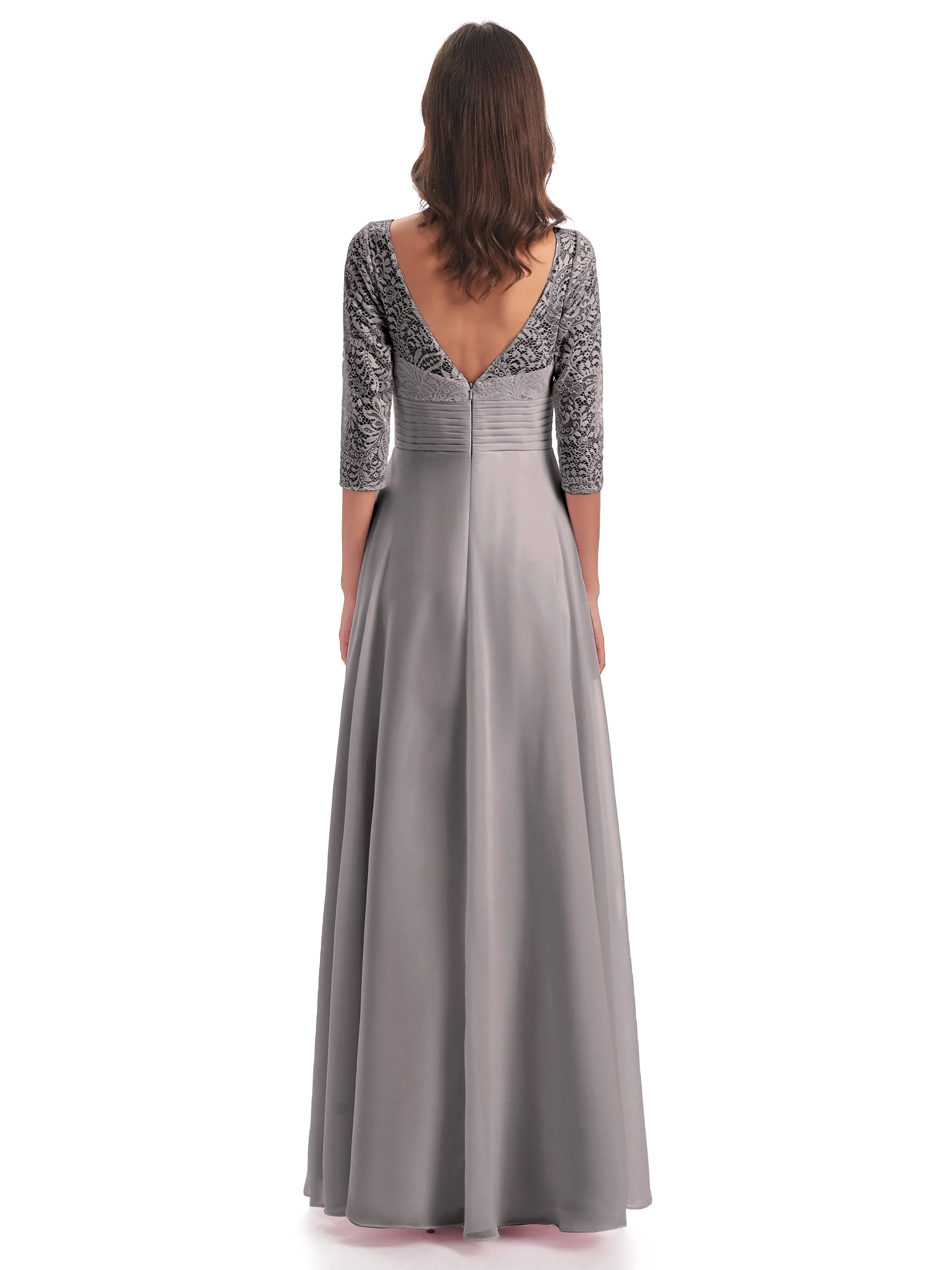 Maya Charming 3/4 Length Sleeves Long Chiffon Bridesmaid Dresses With Lace