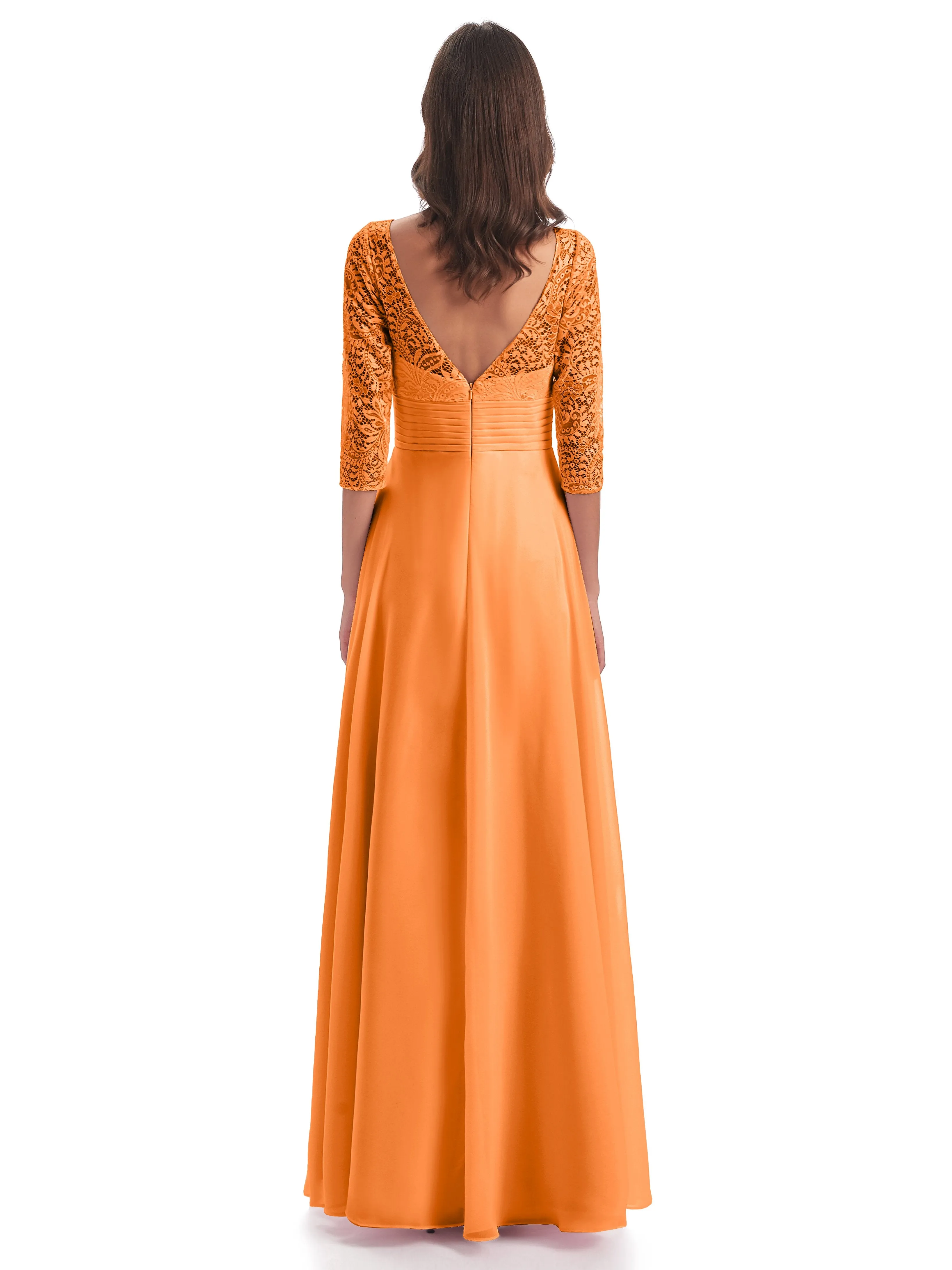 Maya Charming 3/4 Length Sleeves Long Chiffon Bridesmaid Dresses With Lace