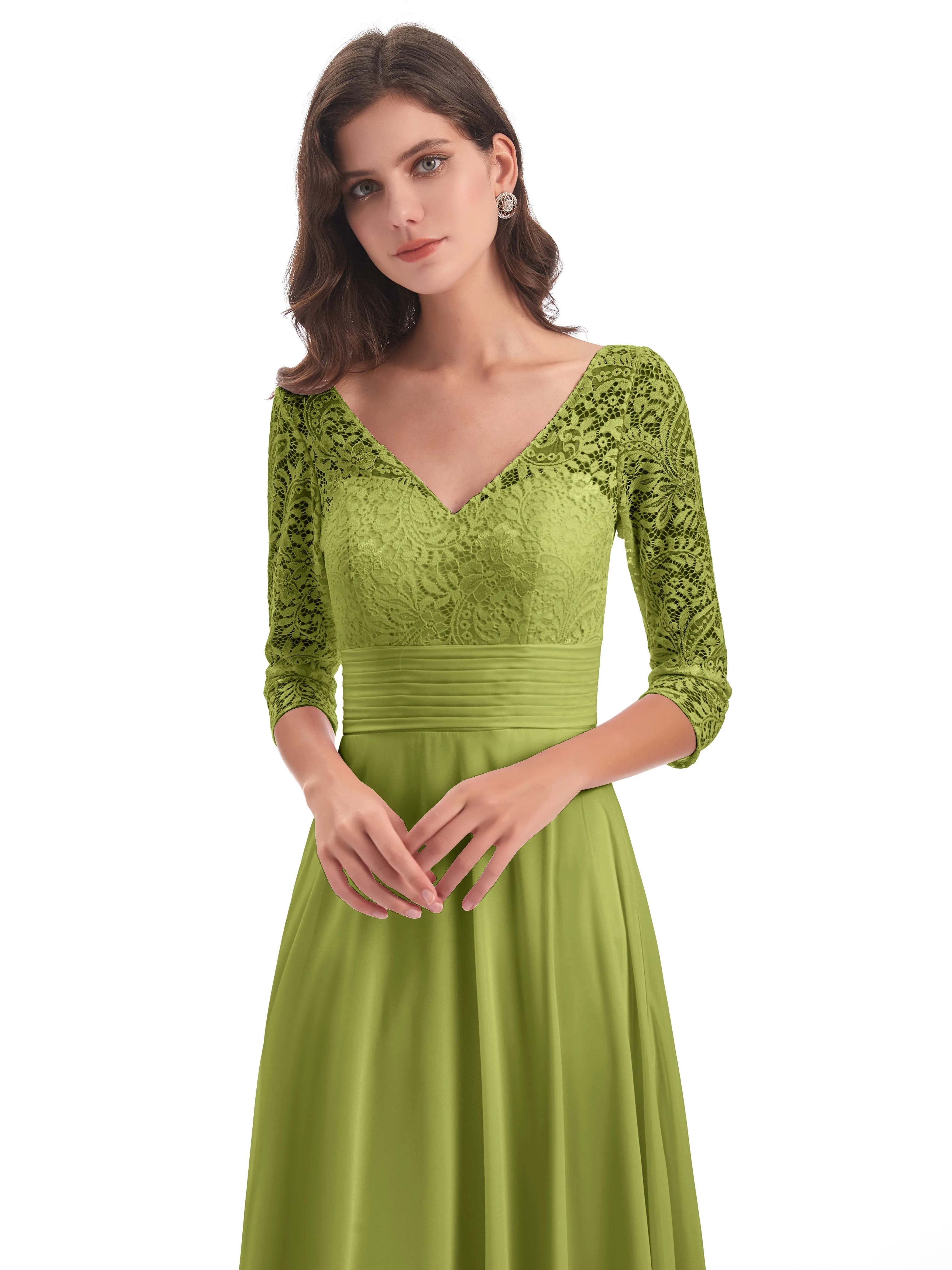 Maya Charming 3/4 Length Sleeves Long Chiffon Bridesmaid Dresses With Lace