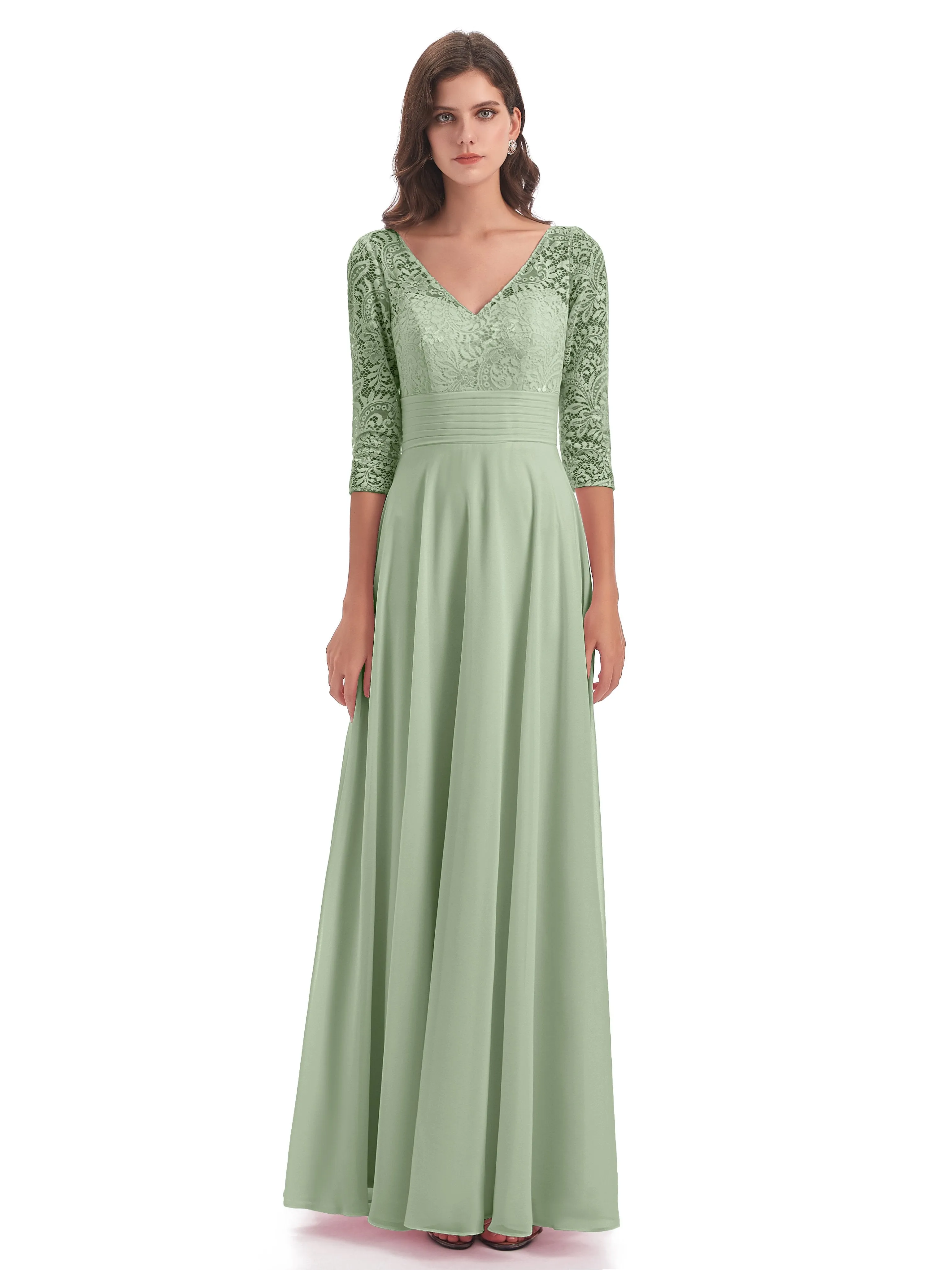 Maya Charming 3/4 Length Sleeves Long Chiffon Bridesmaid Dresses With Lace