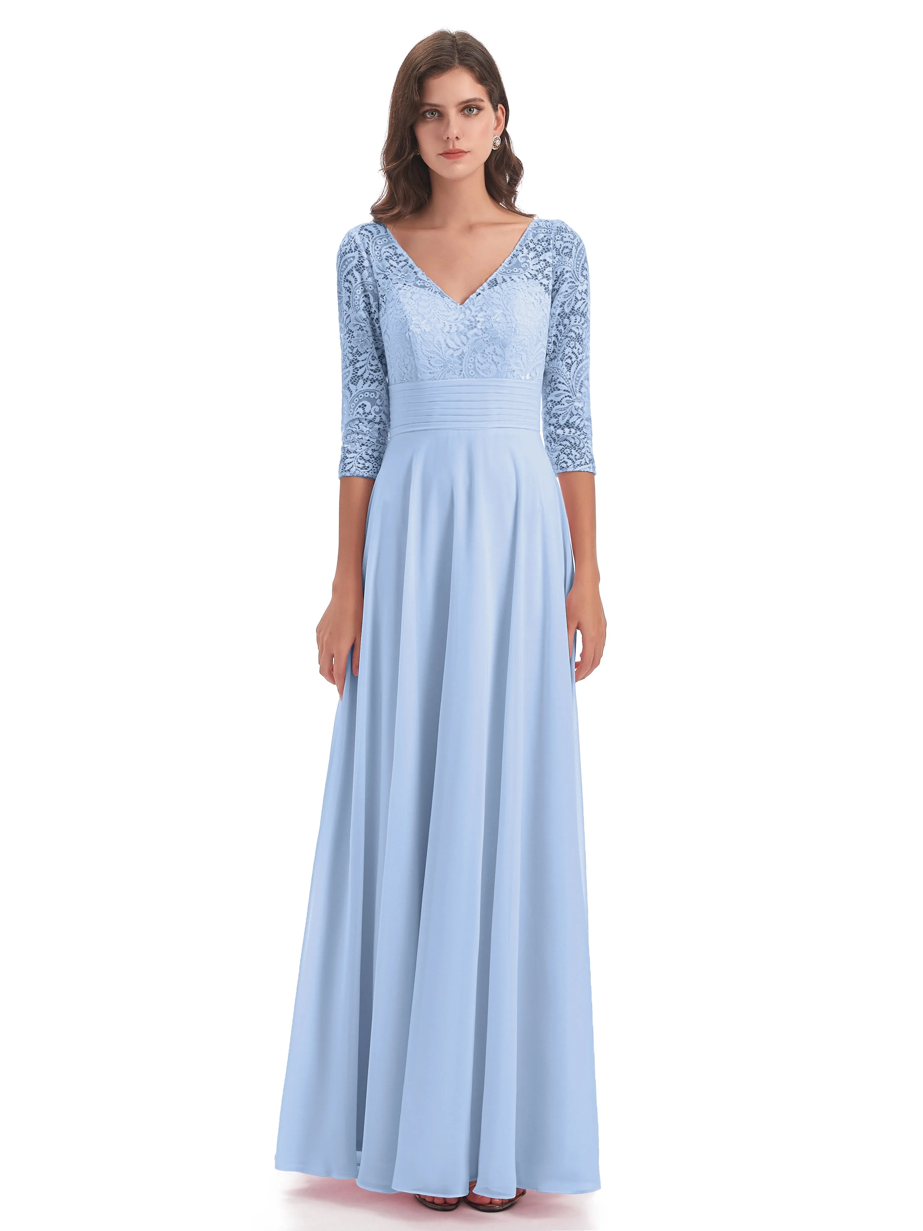 Maya Charming 3/4 Length Sleeves Long Chiffon Bridesmaid Dresses With Lace