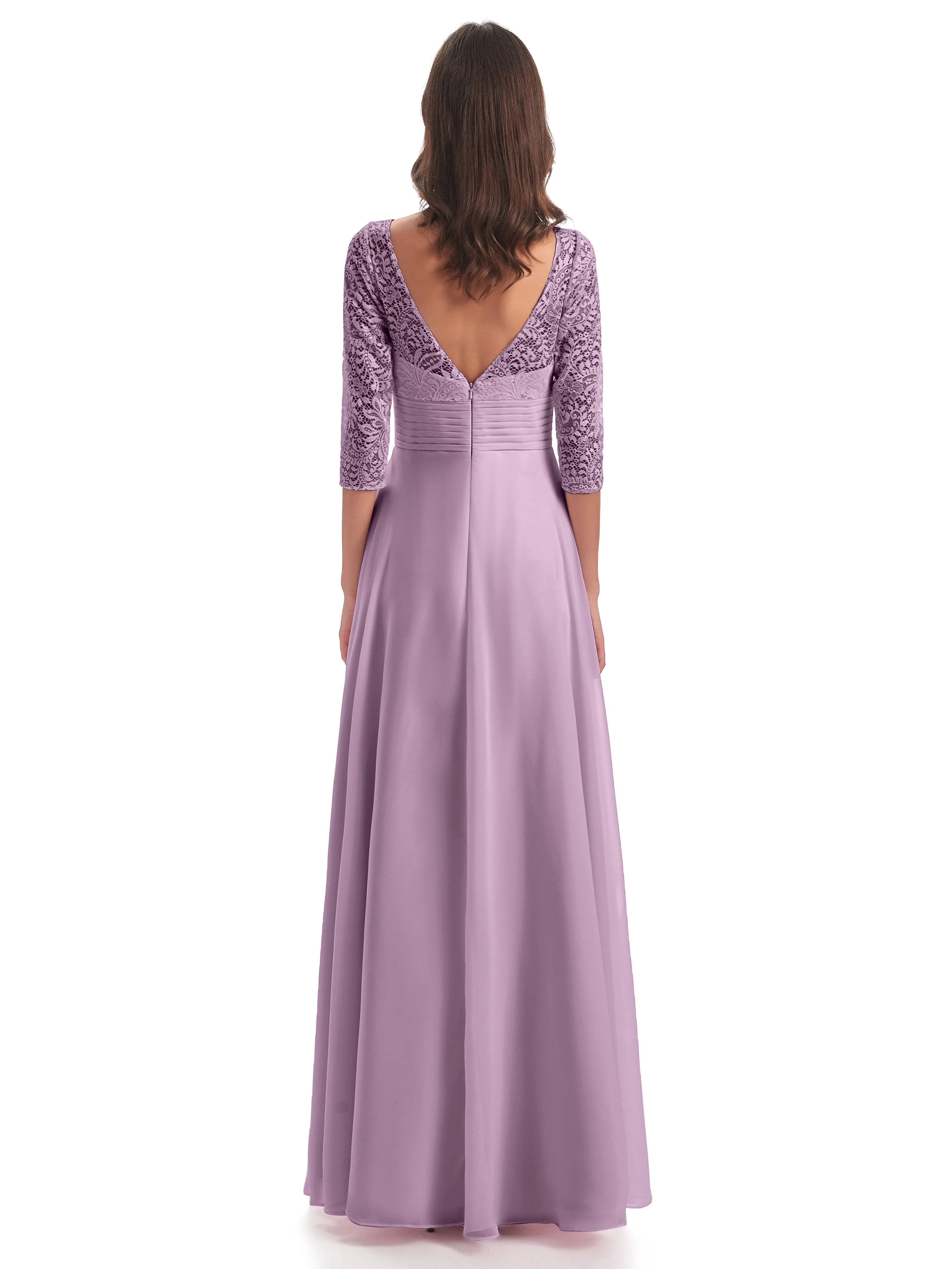 Maya Charming 3/4 Length Sleeves Long Chiffon Bridesmaid Dresses With Lace