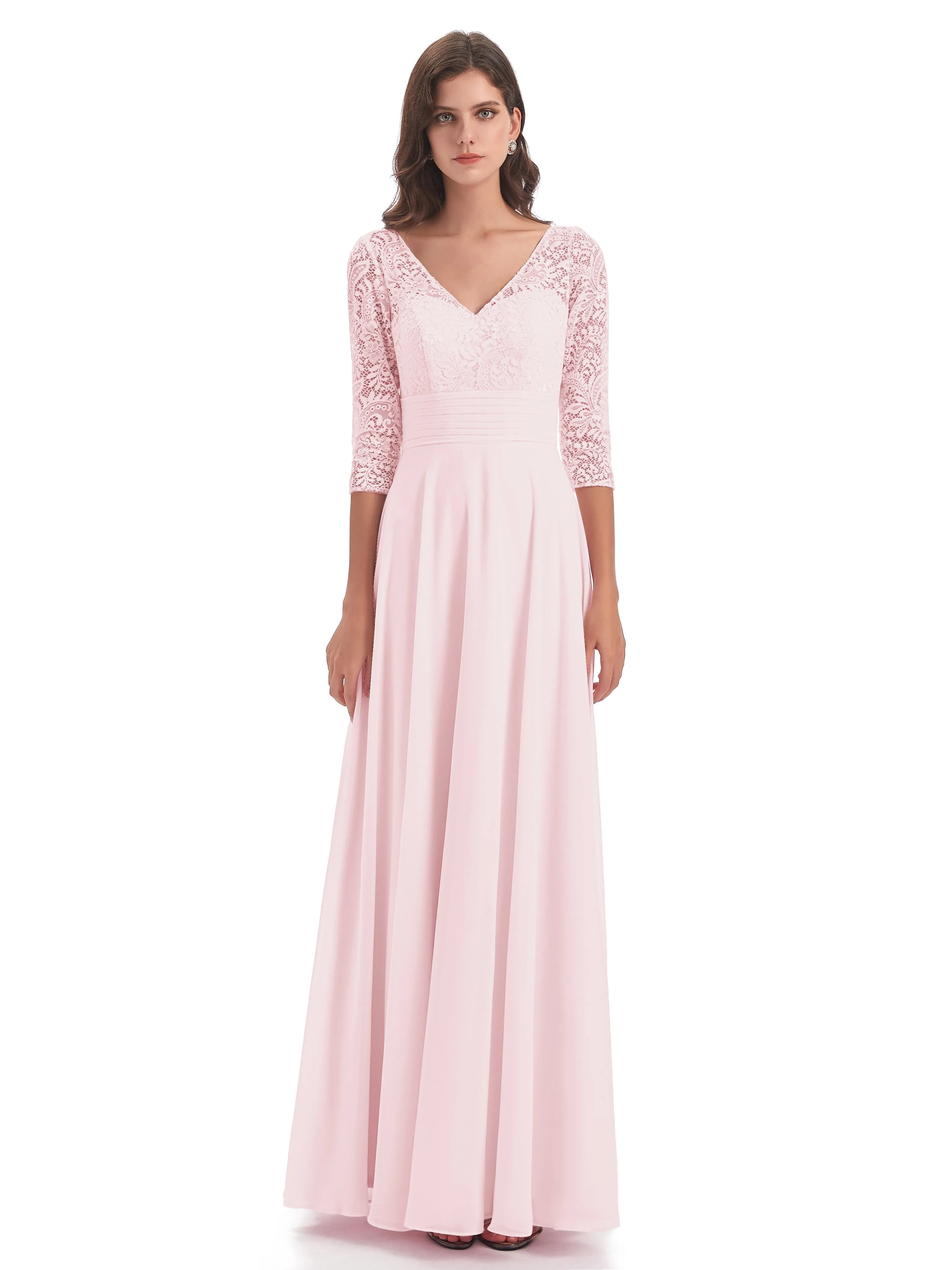 Maya Charming 3/4 Length Sleeves Long Chiffon Bridesmaid Dresses With Lace