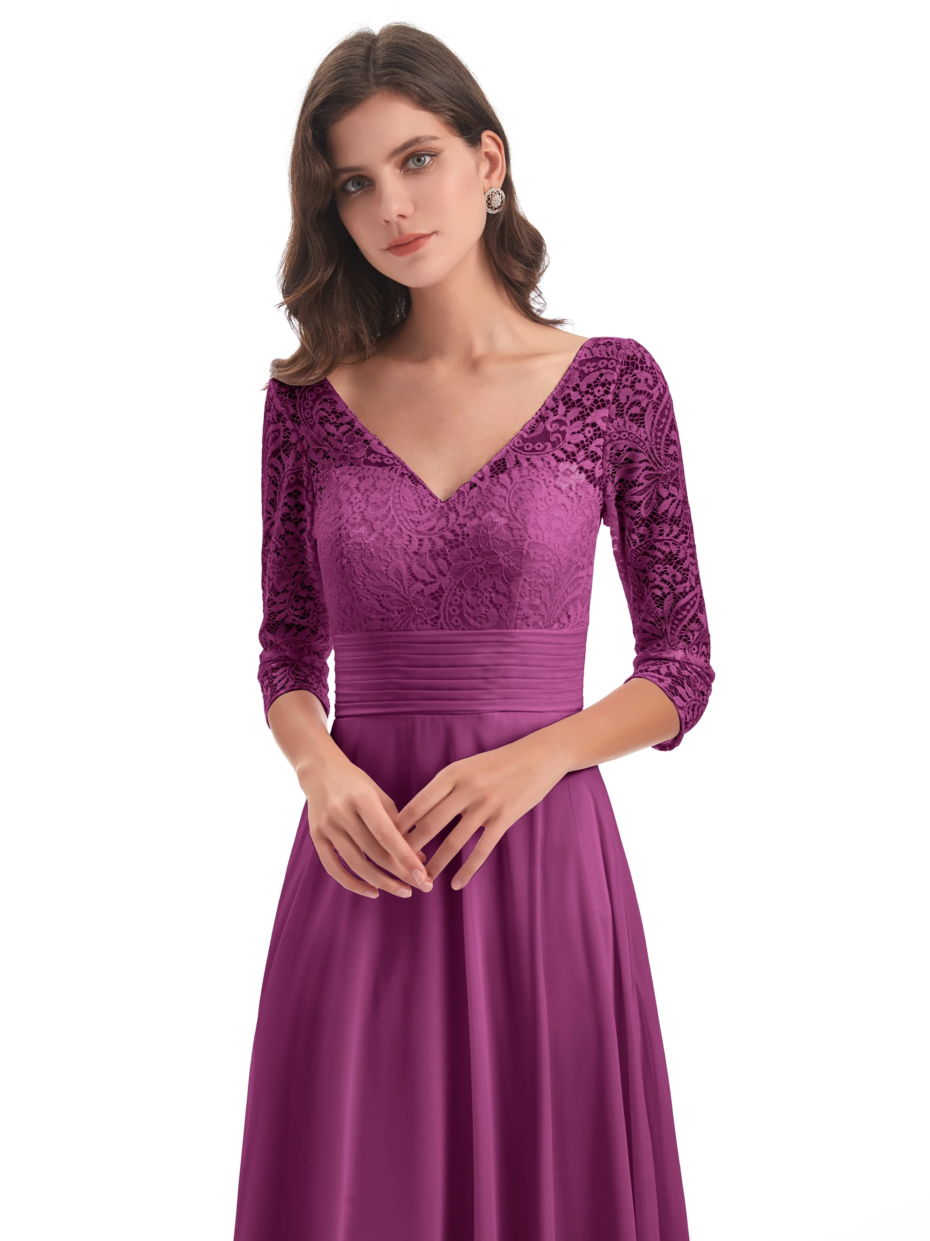 Maya Charming 3/4 Length Sleeves Long Chiffon Bridesmaid Dresses With Lace