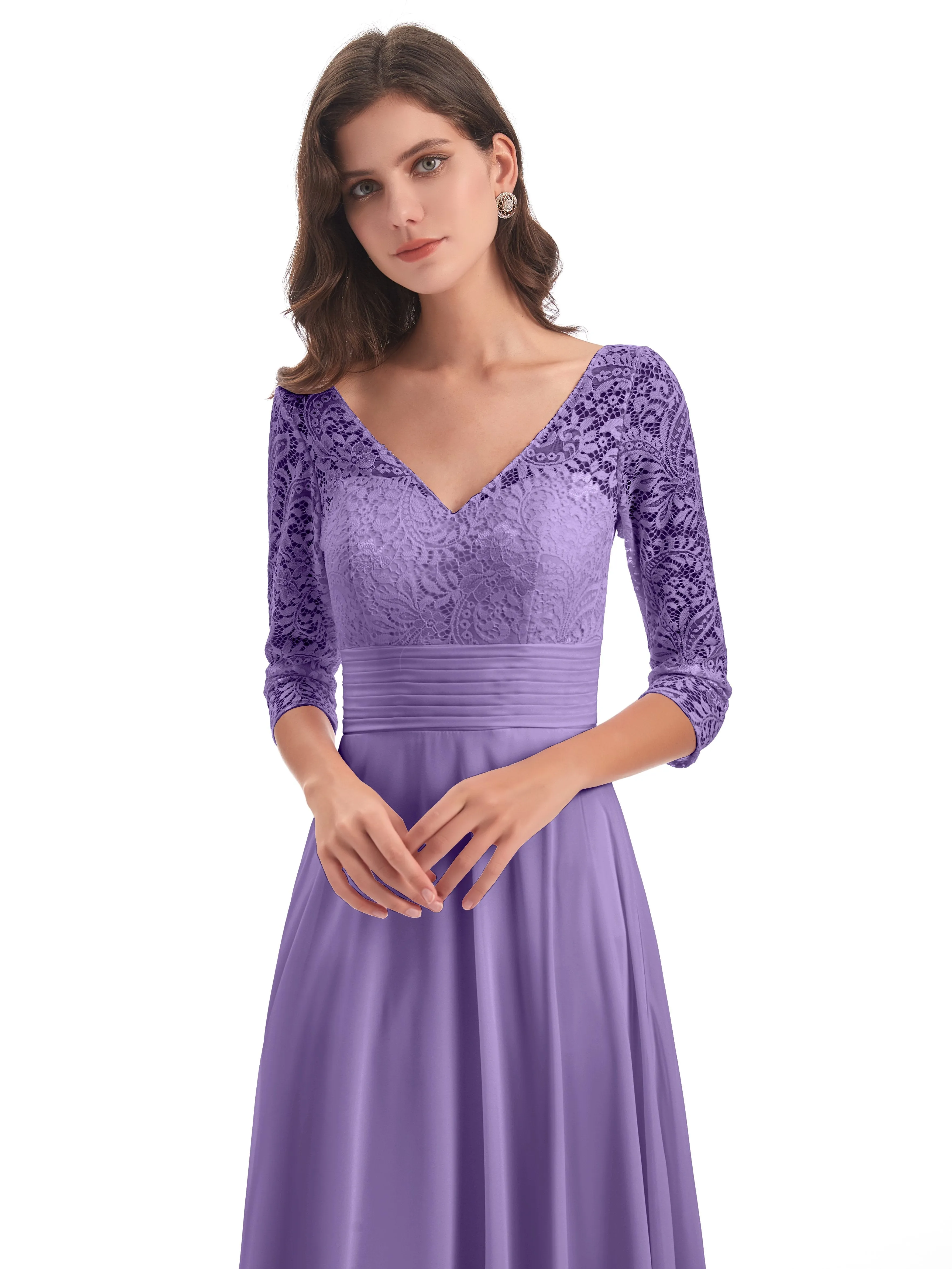 Maya Charming 3/4 Length Sleeves Long Chiffon Bridesmaid Dresses With Lace