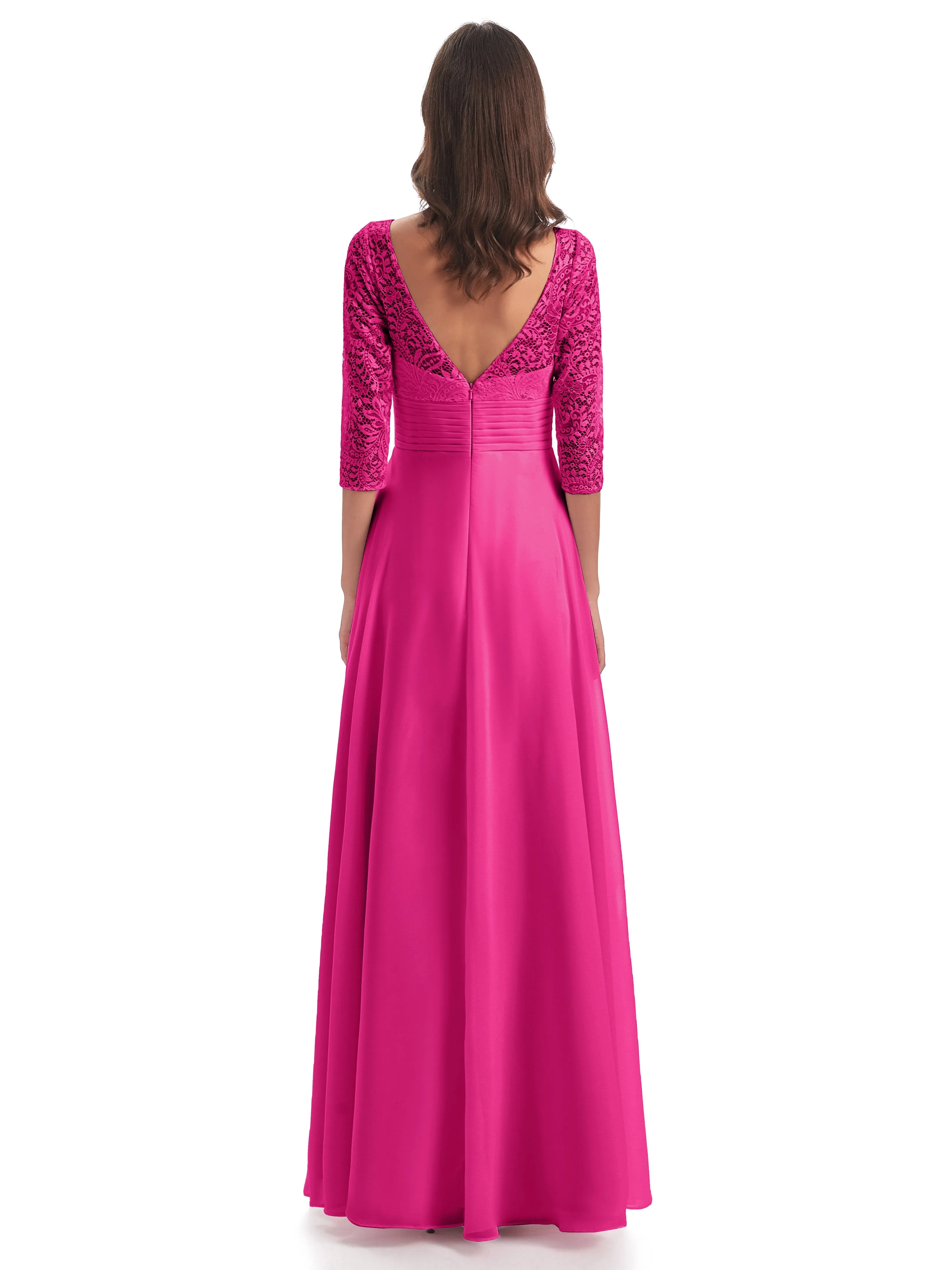 Maya Charming 3/4 Length Sleeves Long Chiffon Bridesmaid Dresses With Lace