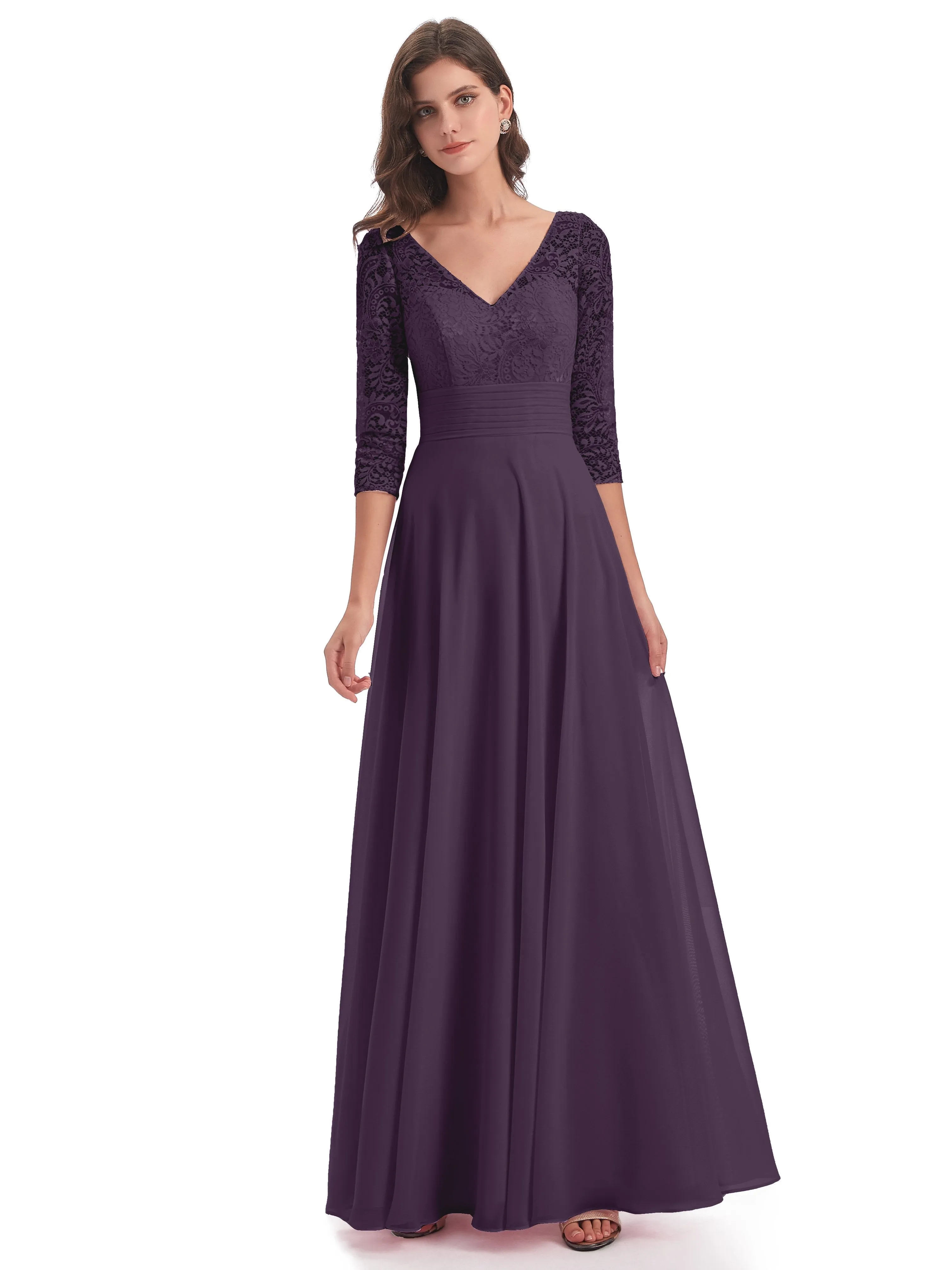 Maya Charming 3/4 Length Sleeves Long Chiffon Bridesmaid Dresses With Lace