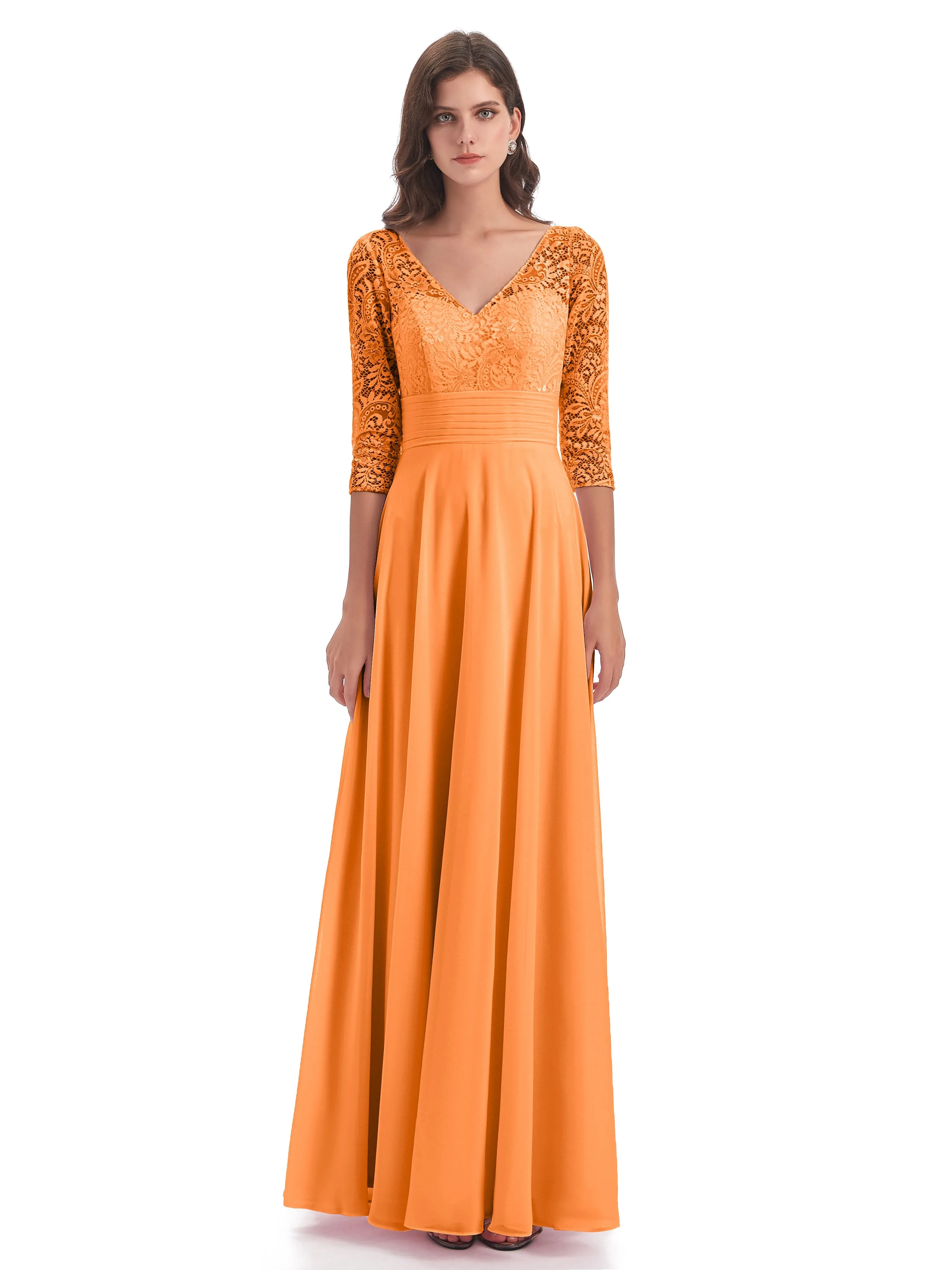 Maya Charming 3/4 Length Sleeves Long Chiffon Bridesmaid Dresses With Lace