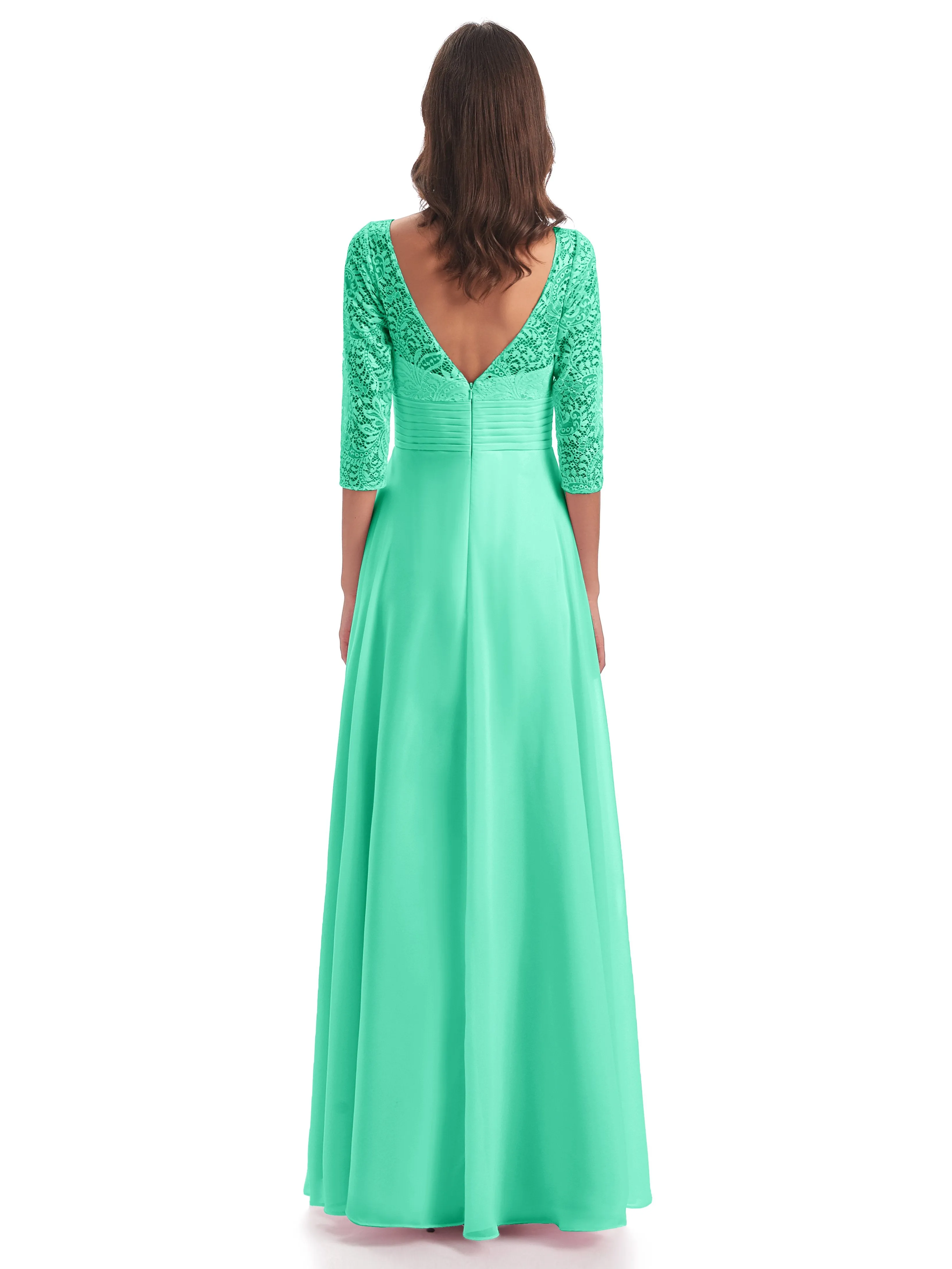 Maya Charming 3/4 Length Sleeves Long Chiffon Bridesmaid Dresses With Lace