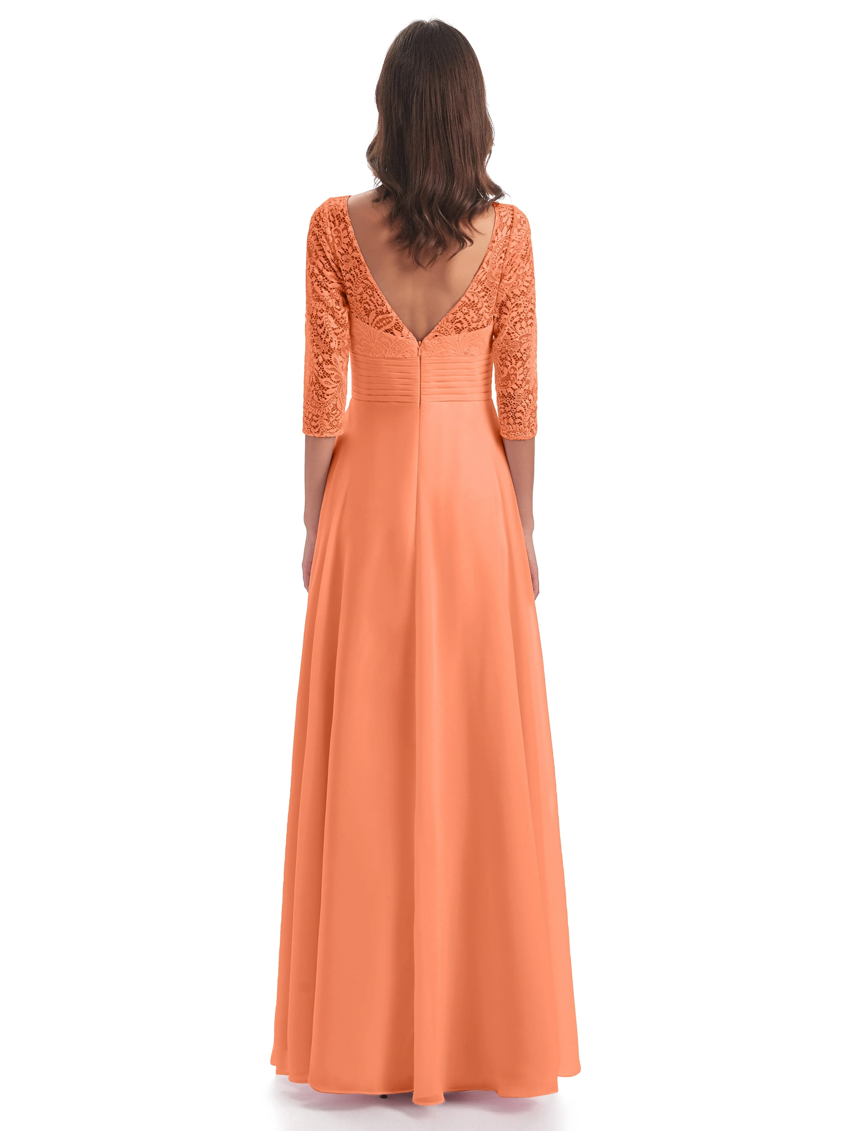 Maya Charming 3/4 Length Sleeves Long Chiffon Bridesmaid Dresses With Lace