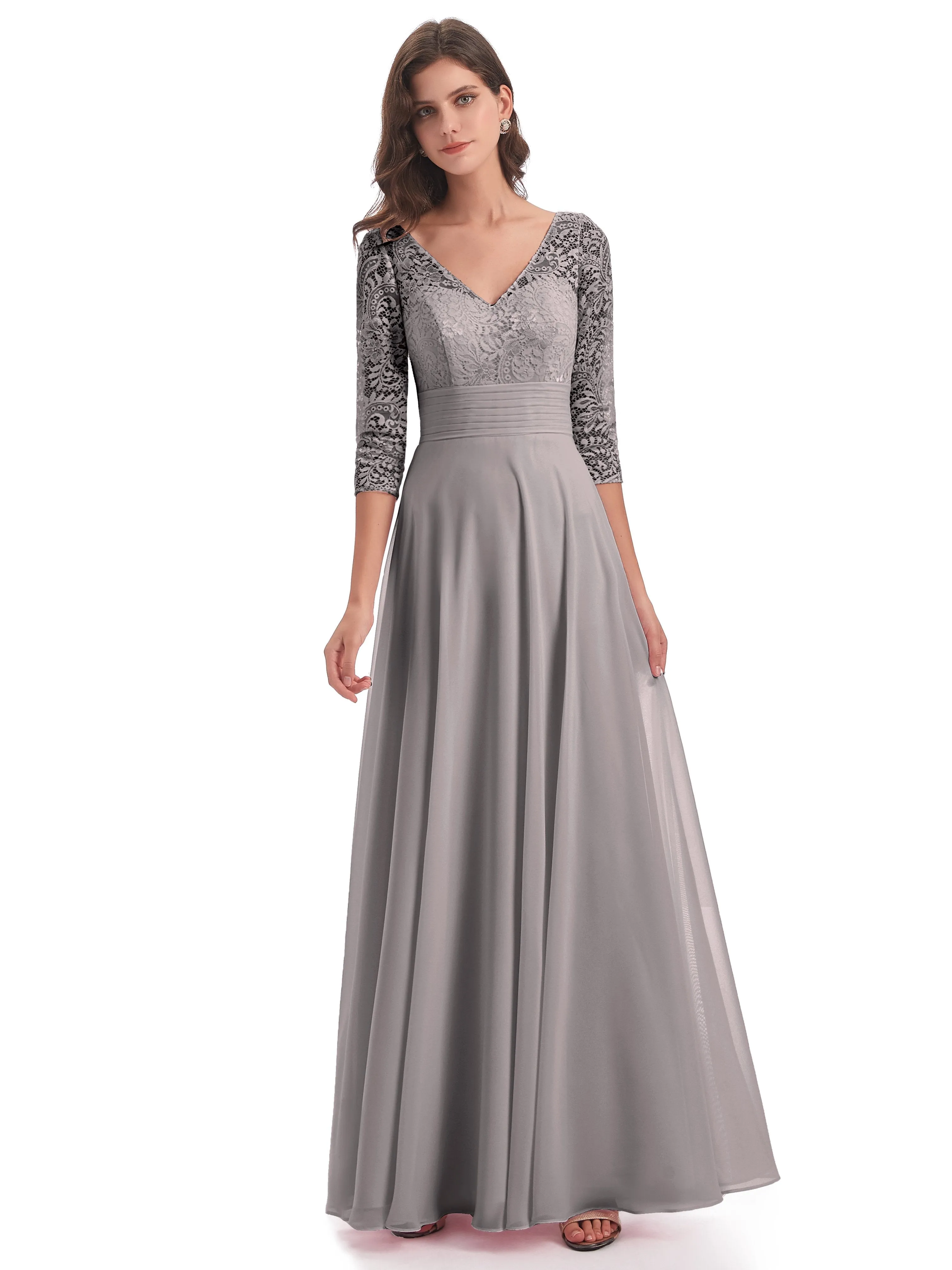 Maya Charming 3/4 Length Sleeves Long Chiffon Bridesmaid Dresses With Lace