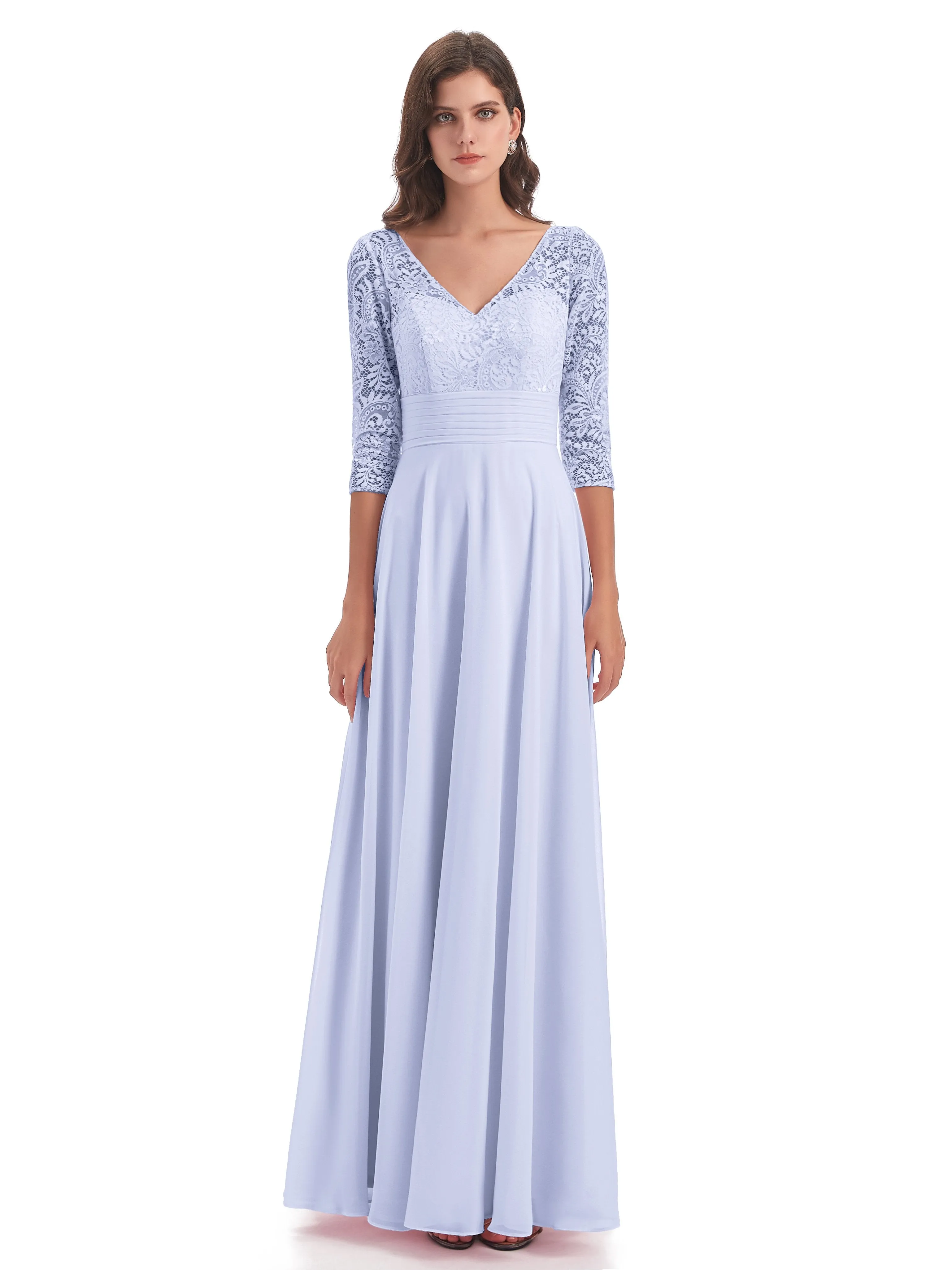 Maya Charming 3/4 Length Sleeves Long Chiffon Bridesmaid Dresses With Lace