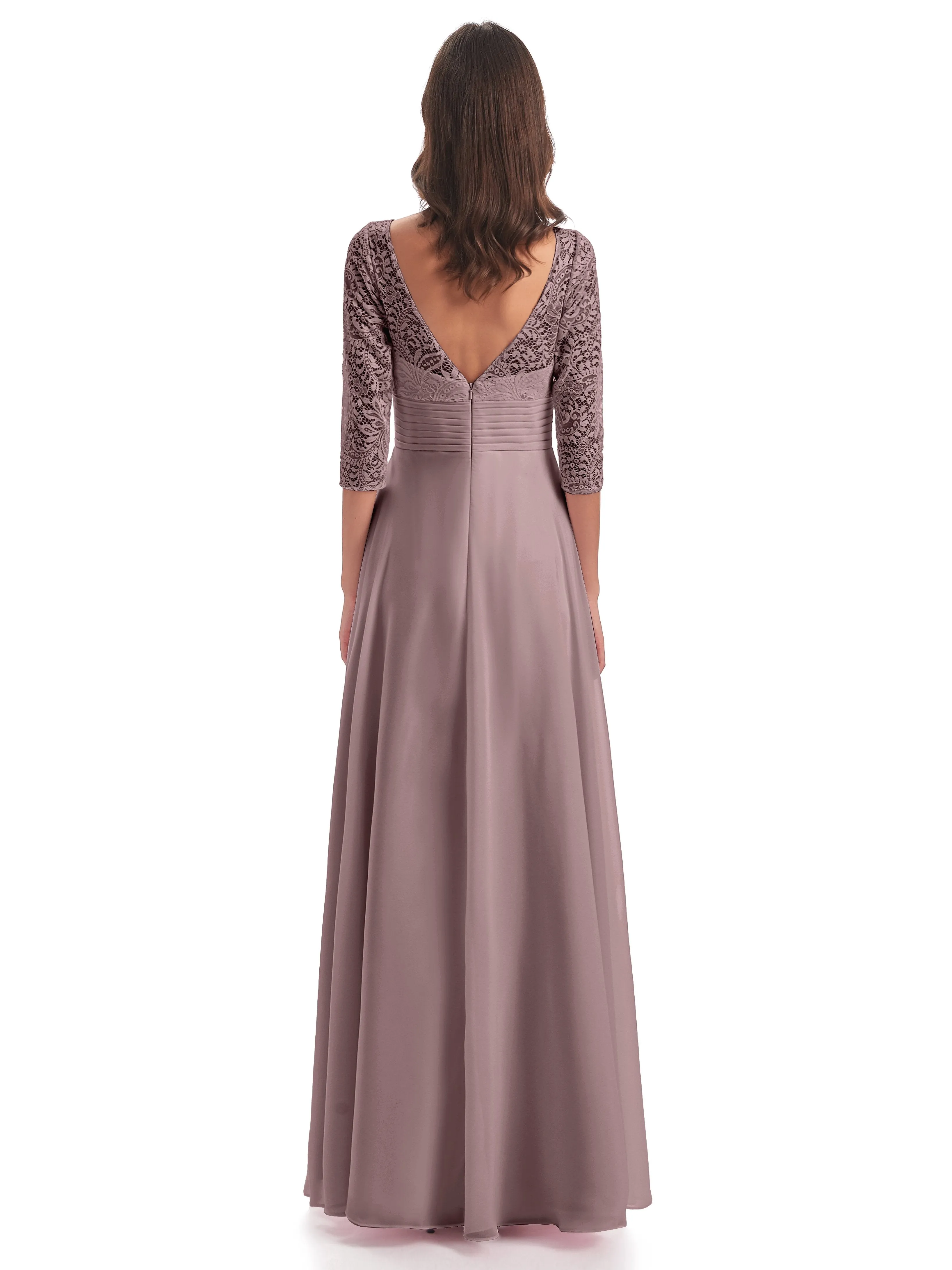 Maya Charming 3/4 Length Sleeves Long Chiffon Bridesmaid Dresses With Lace