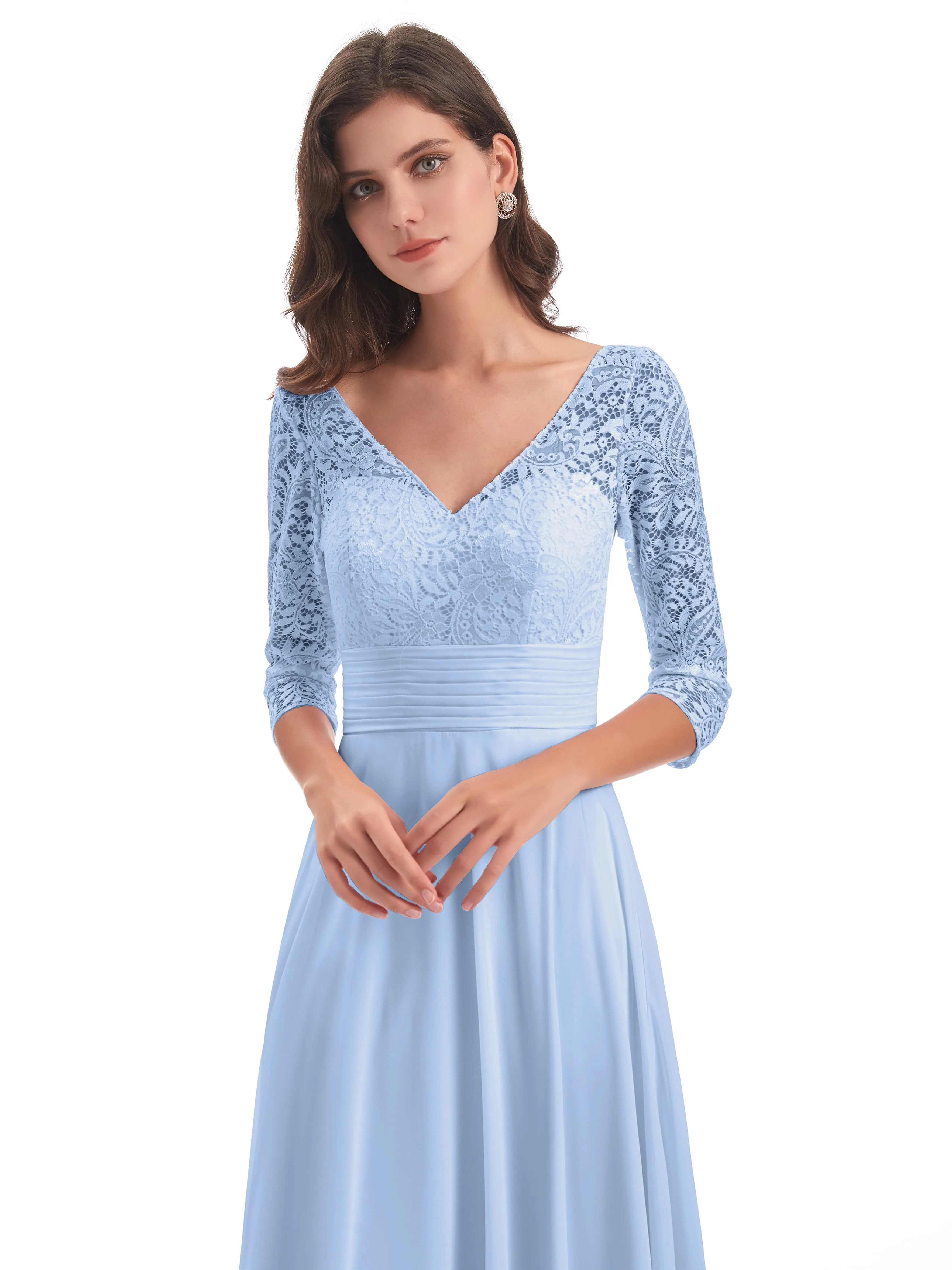 Maya Charming 3/4 Length Sleeves Long Chiffon Bridesmaid Dresses With Lace