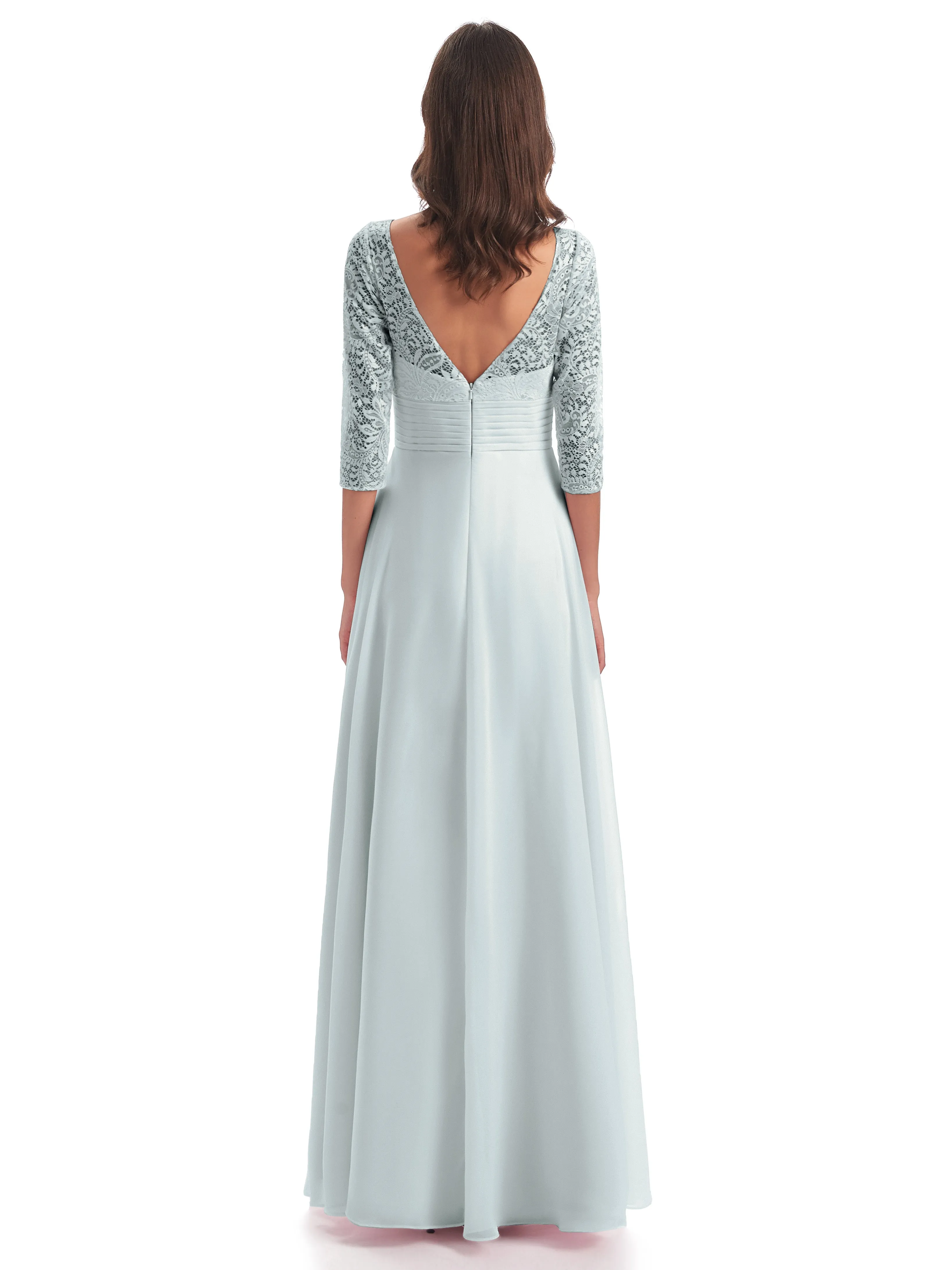 Maya Charming 3/4 Length Sleeves Long Chiffon Bridesmaid Dresses With Lace