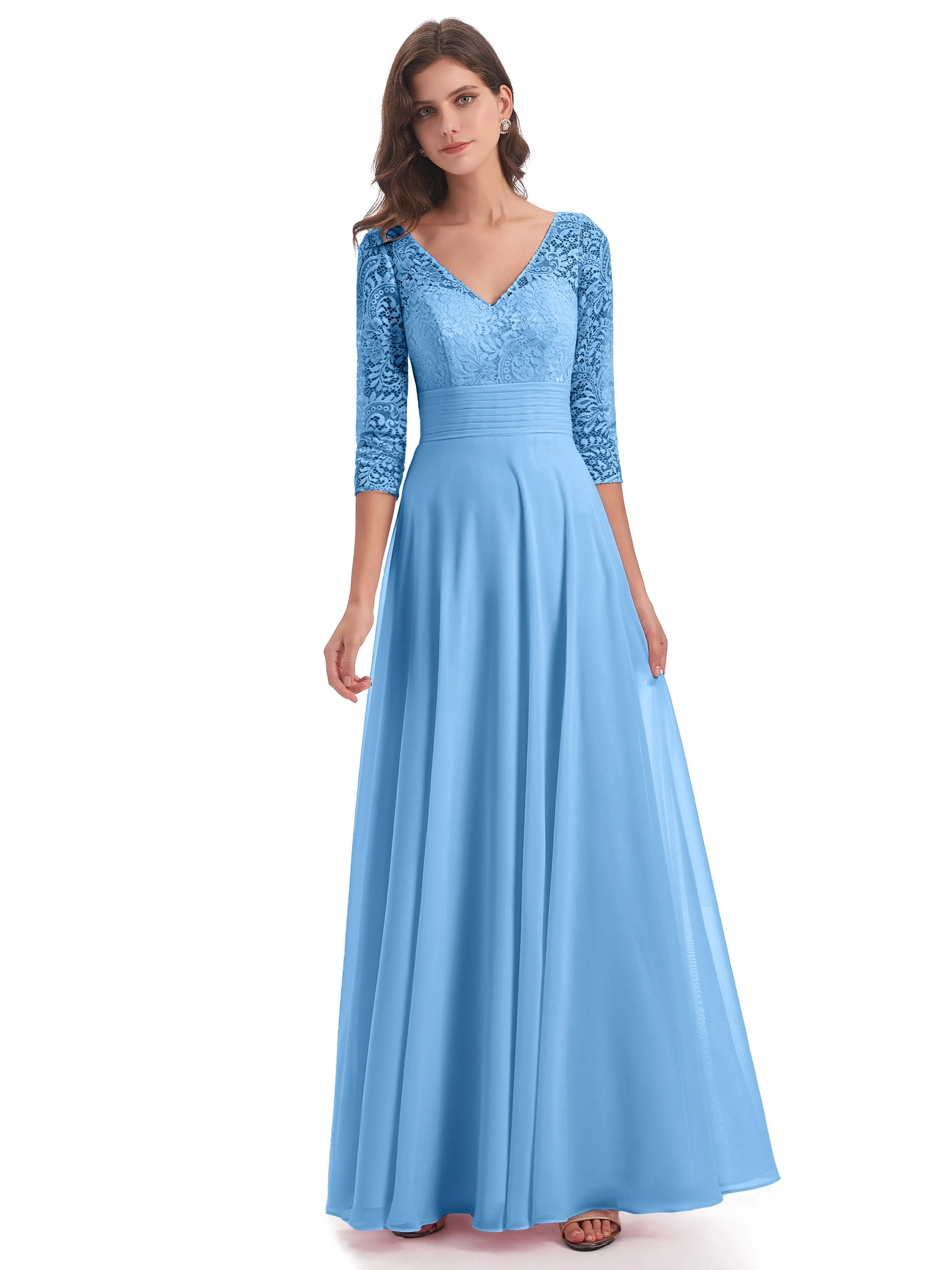 Maya Charming 3/4 Length Sleeves Long Chiffon Bridesmaid Dresses With Lace