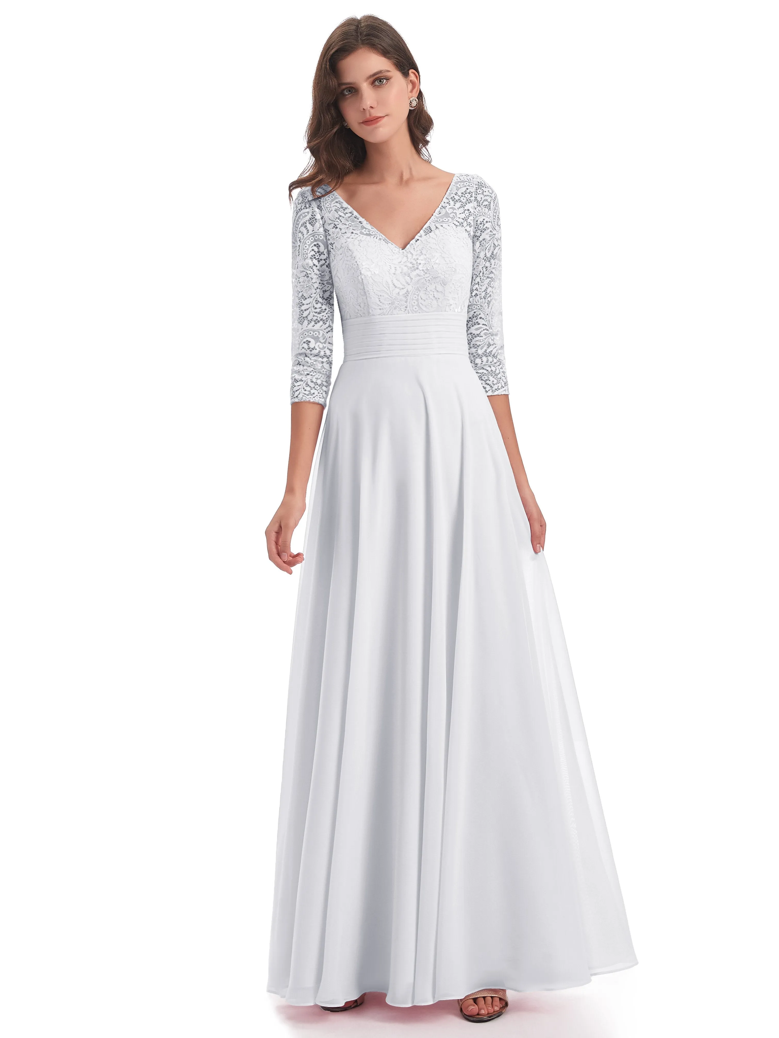 Maya Charming 3/4 Length Sleeves Long Chiffon Bridesmaid Dresses With Lace