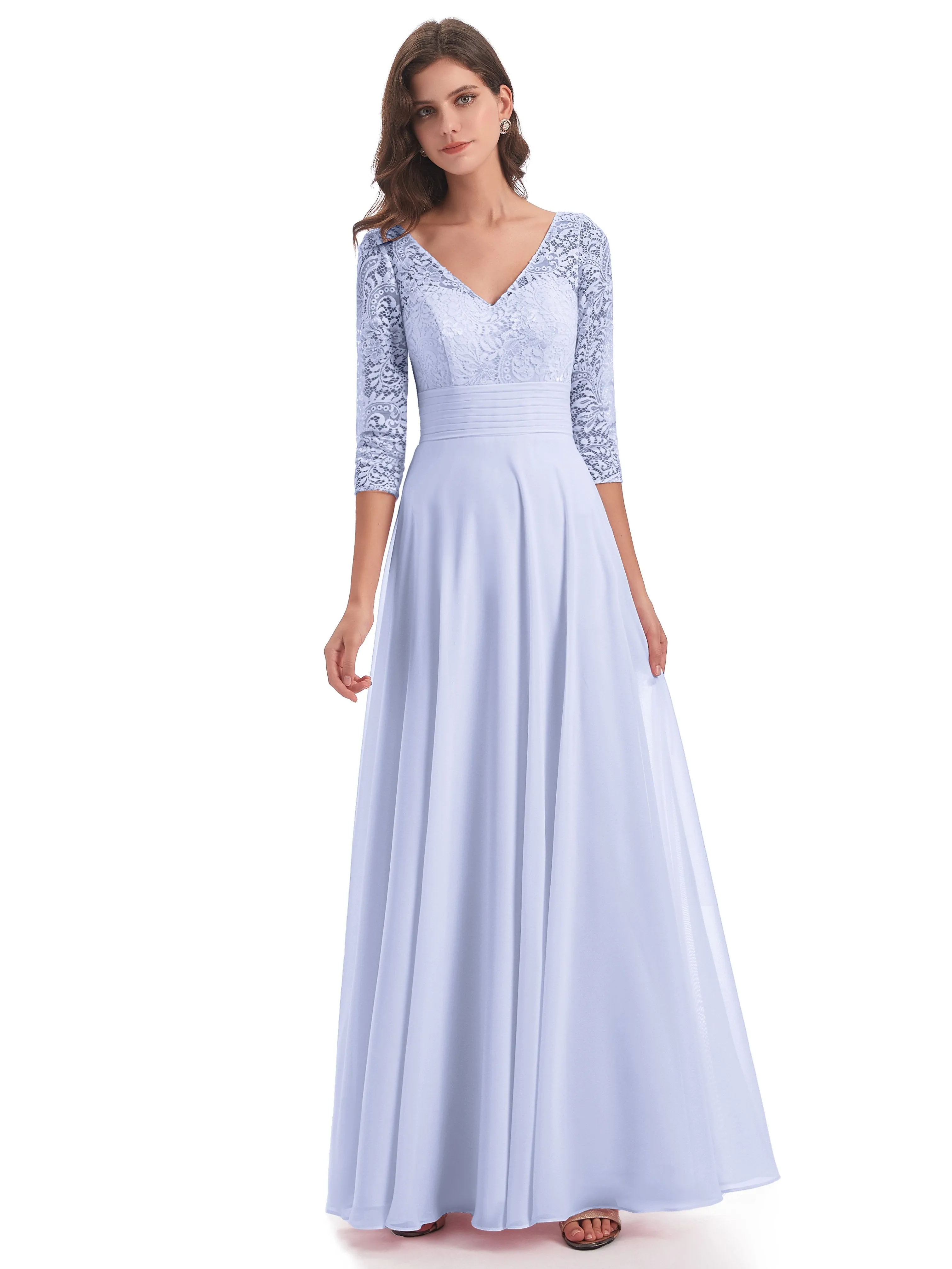 Maya Charming 3/4 Length Sleeves Long Chiffon Bridesmaid Dresses With Lace