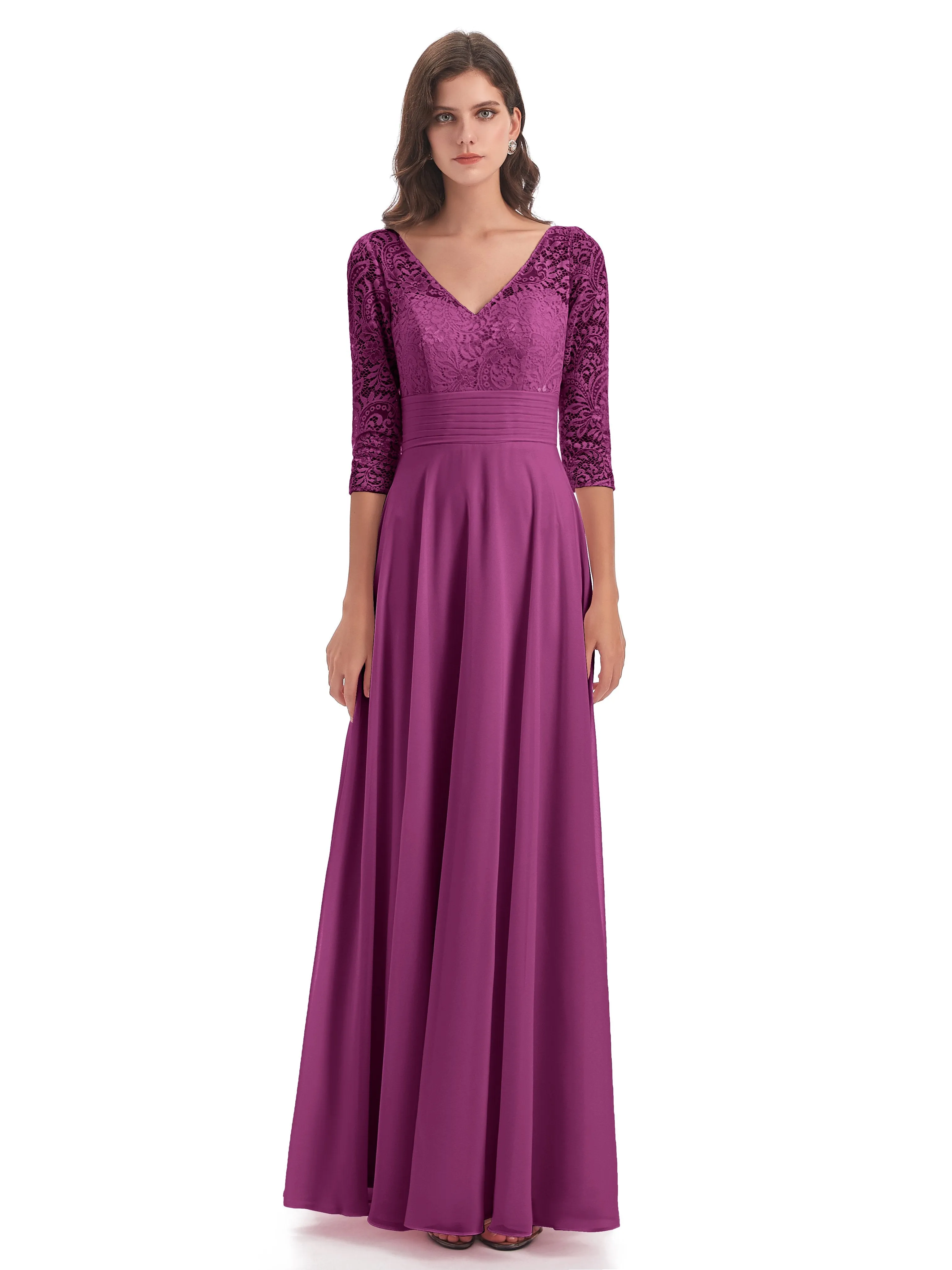 Maya Charming 3/4 Length Sleeves Long Chiffon Bridesmaid Dresses With Lace