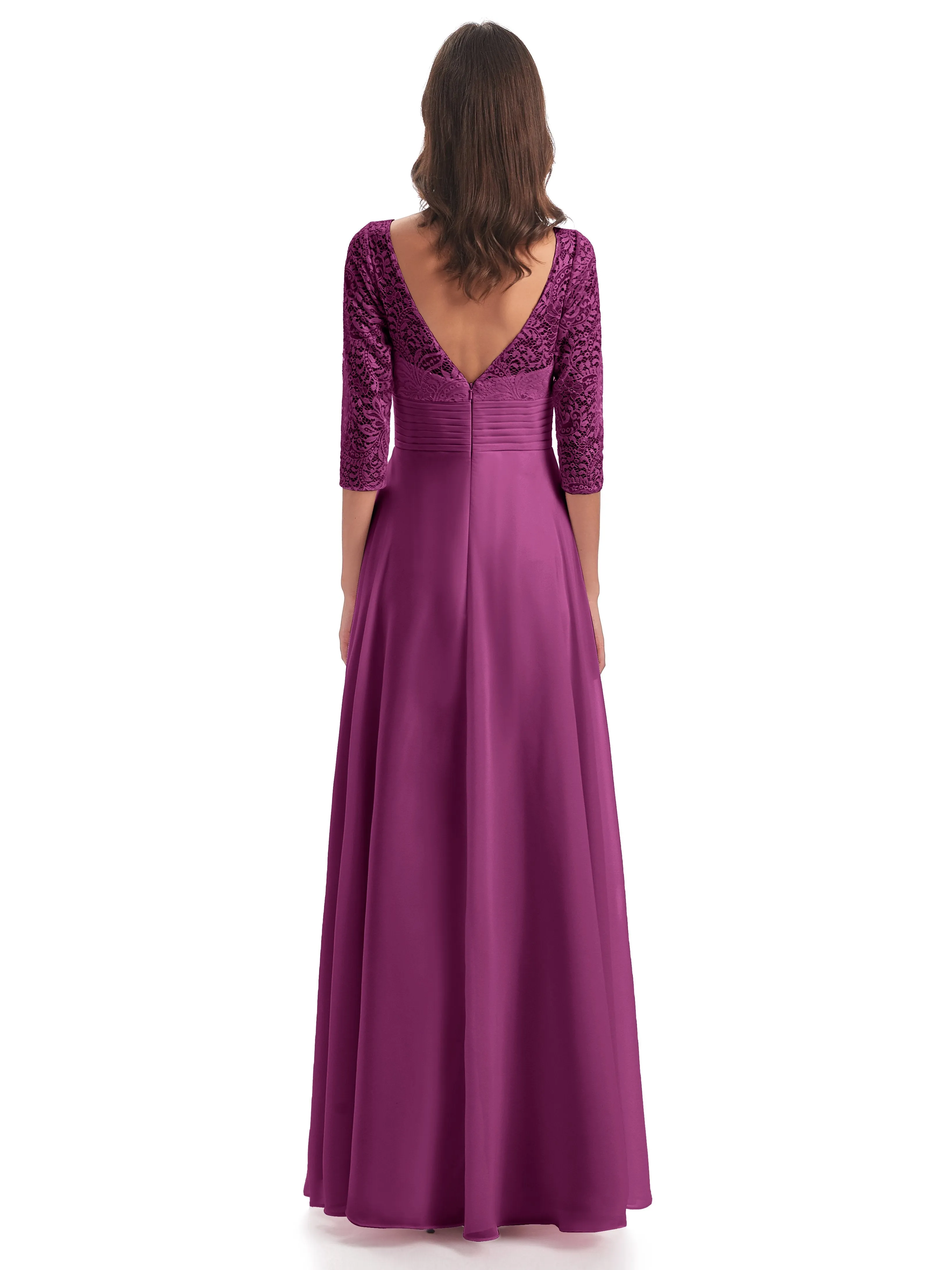 Maya Charming 3/4 Length Sleeves Long Chiffon Bridesmaid Dresses With Lace