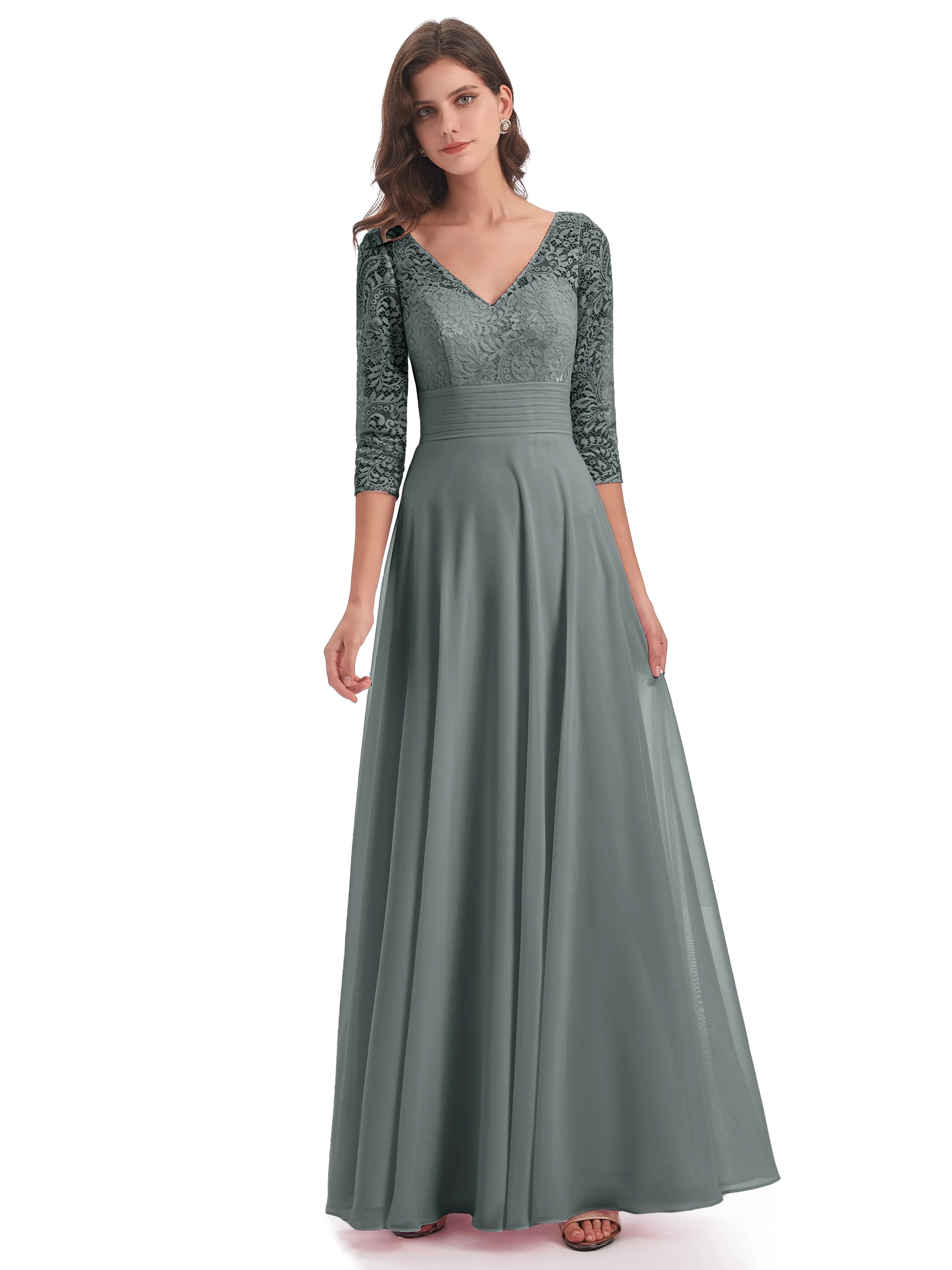 Maya Charming 3/4 Length Sleeves Long Chiffon Bridesmaid Dresses With Lace