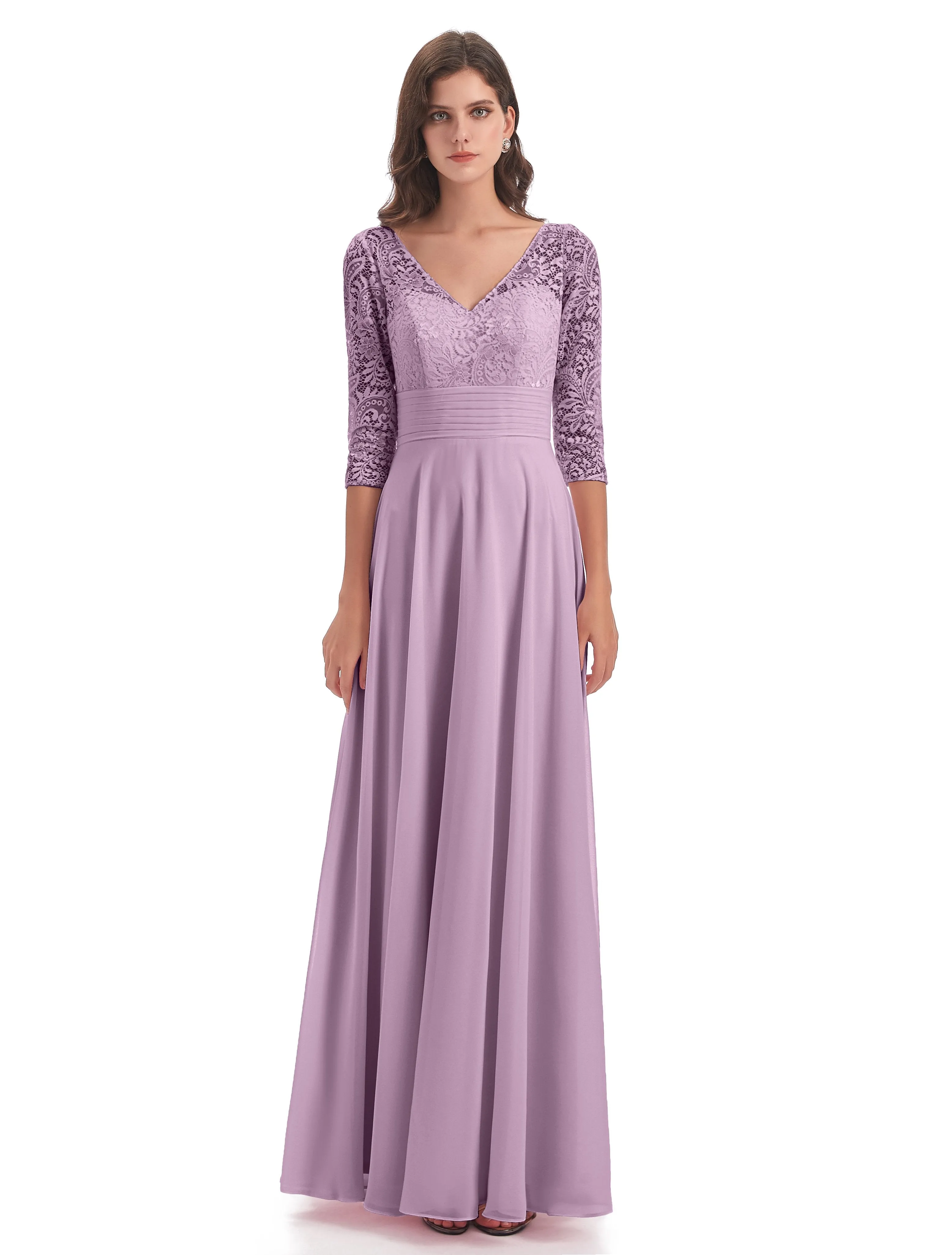 Maya Charming 3/4 Length Sleeves Long Chiffon Bridesmaid Dresses With Lace